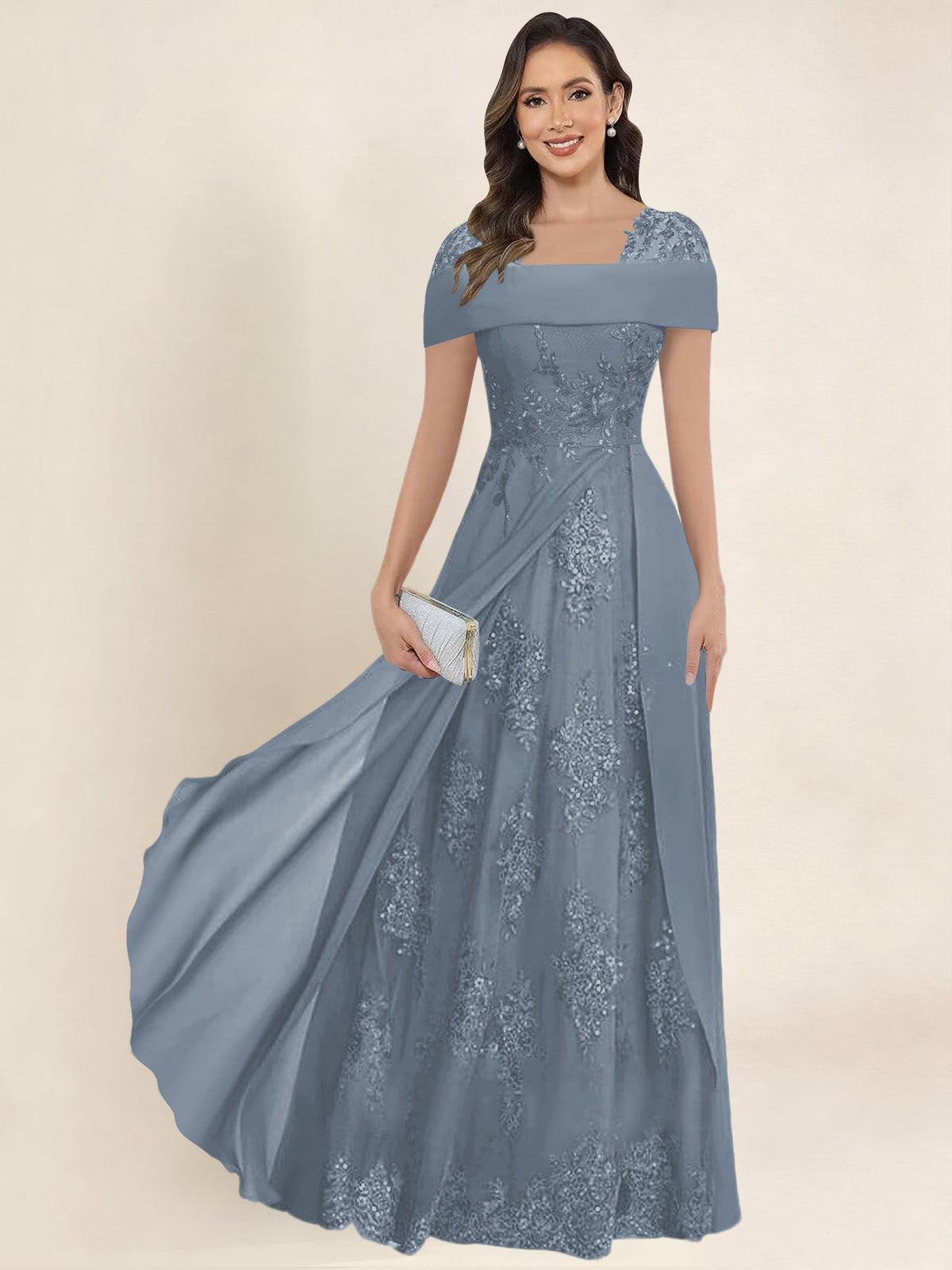 ROVDESY A-Line Off The Shoulder Lace Chiffon Long Mother of the Bride Dress Formal Gown