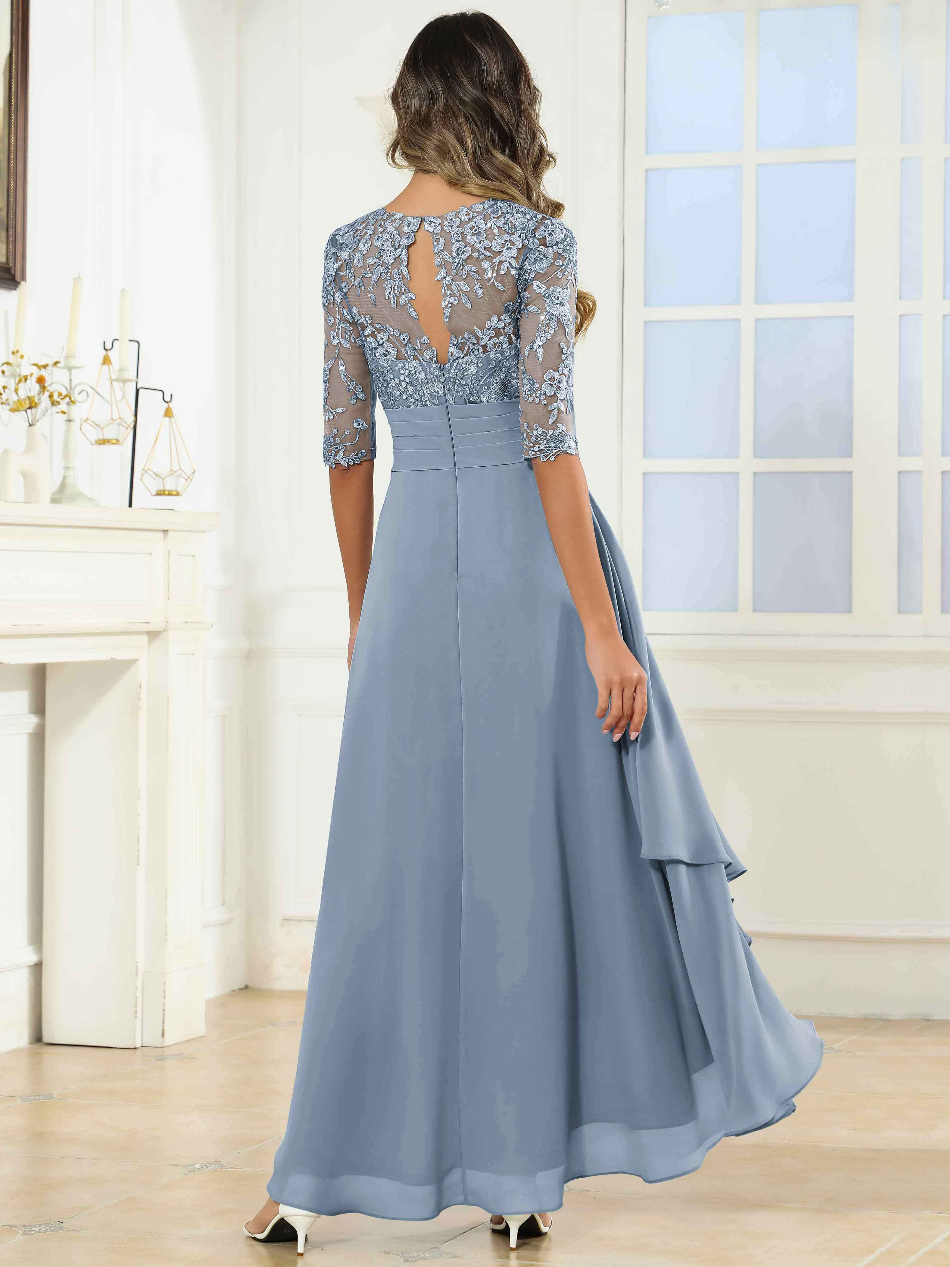 ROVDESY Tea Length A-Line Lace Chiffon Mother Of The Bride Dress With Half Sleeves