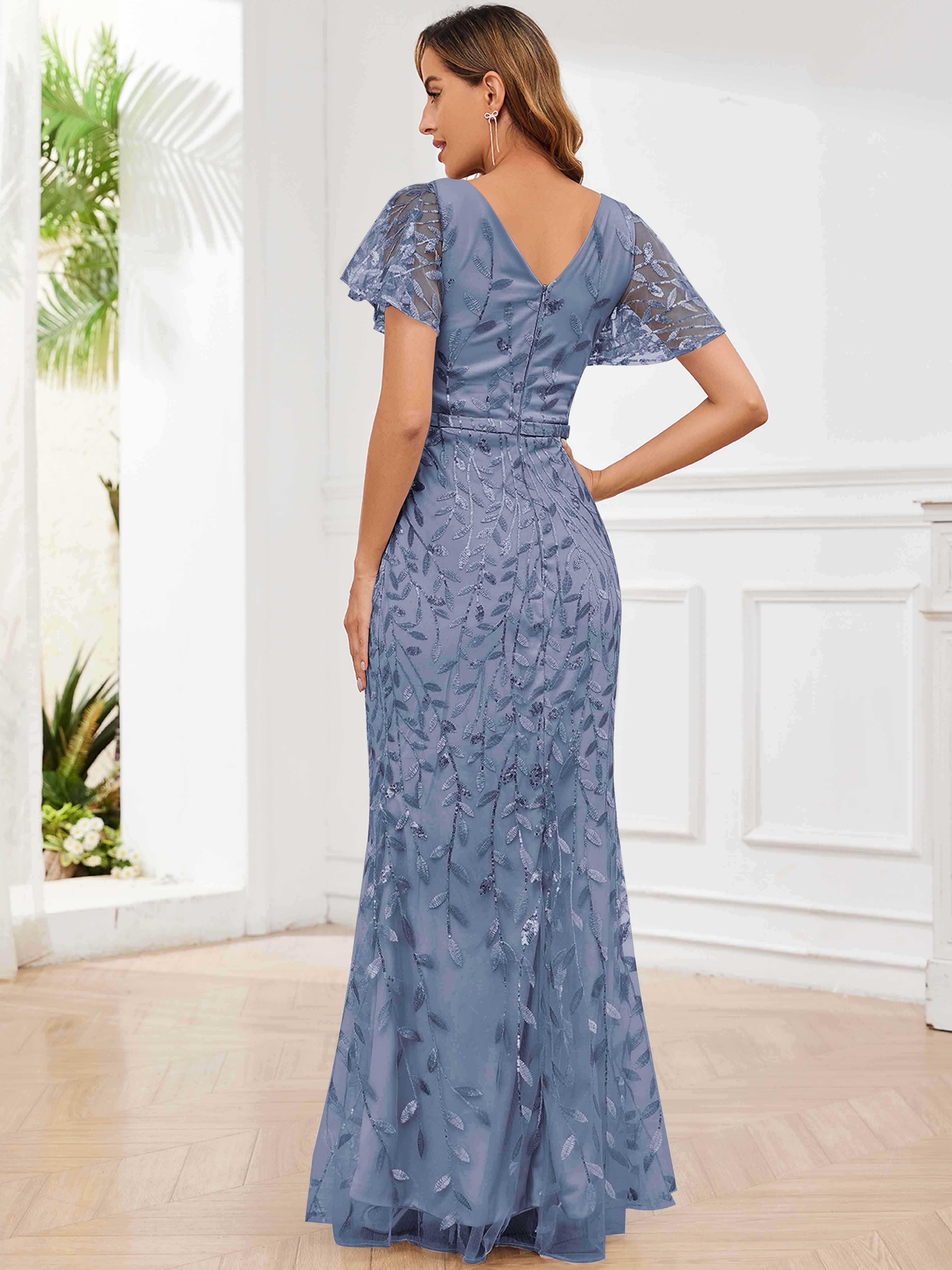 ROVDESY V-Neck Mermaid Sequin Mother Of The Bride Dress With Short Sleeves