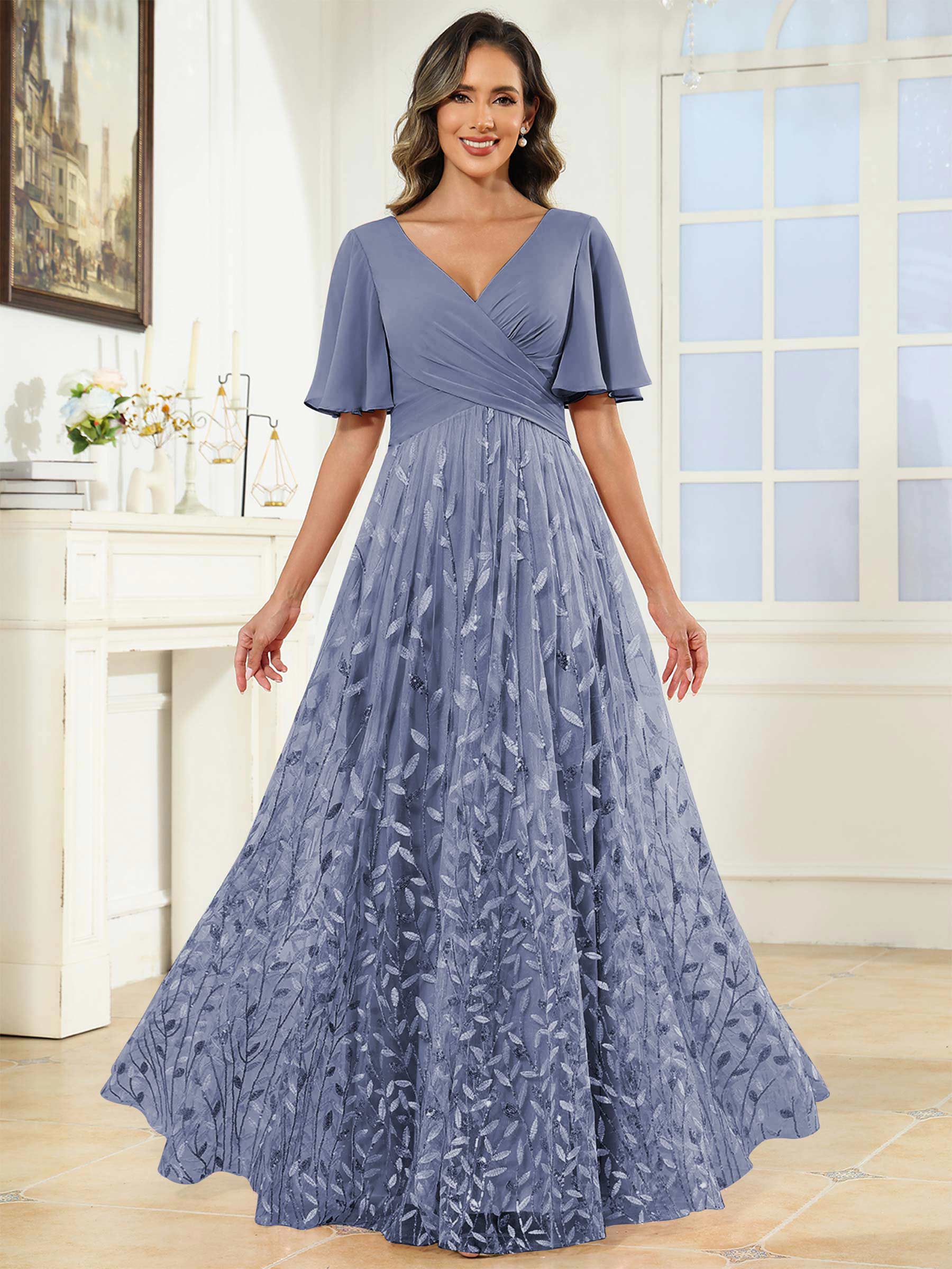 ROVDESY A-Line V-Neck Chiffon Sequin Mother Of The Bride Dress With Short Sleeves