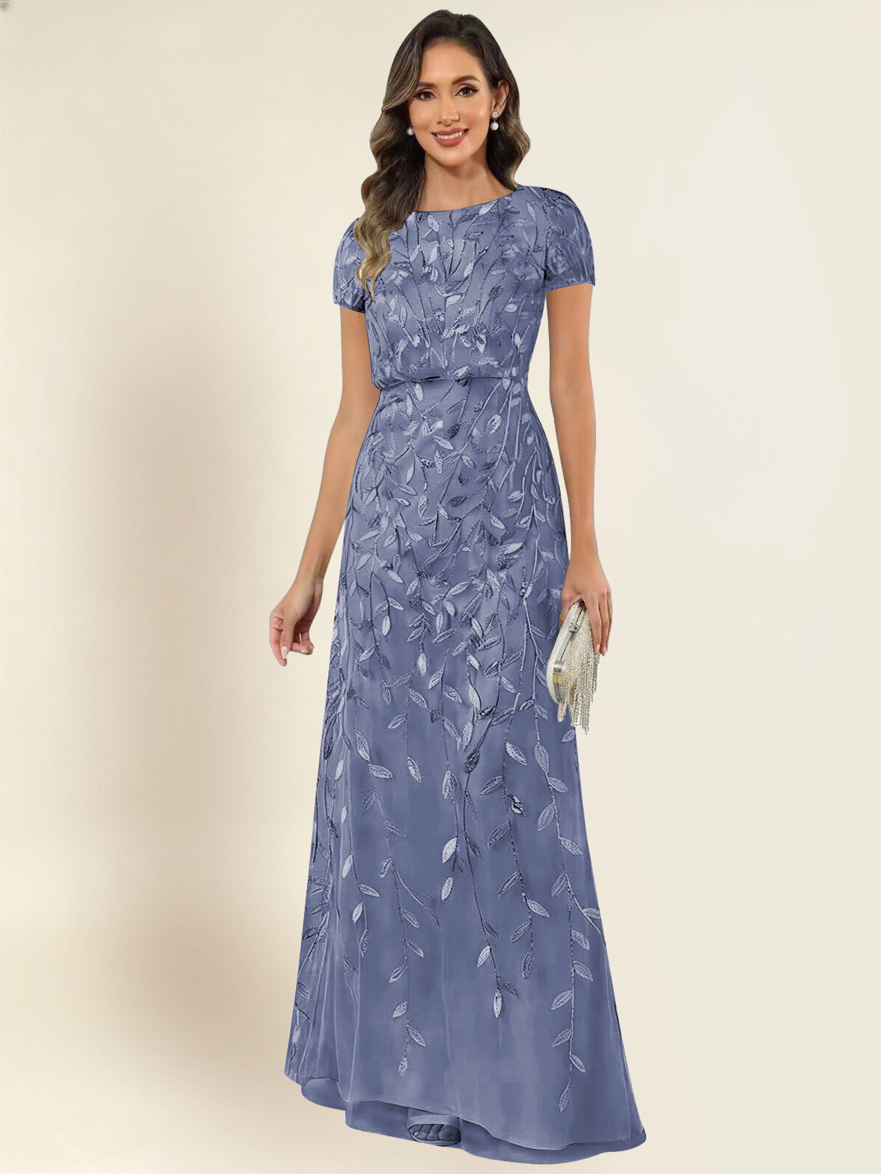 ROVDESY Sequin Mermaid Long Mother Of The Bride Dress With Short Sleeves Formal Gown