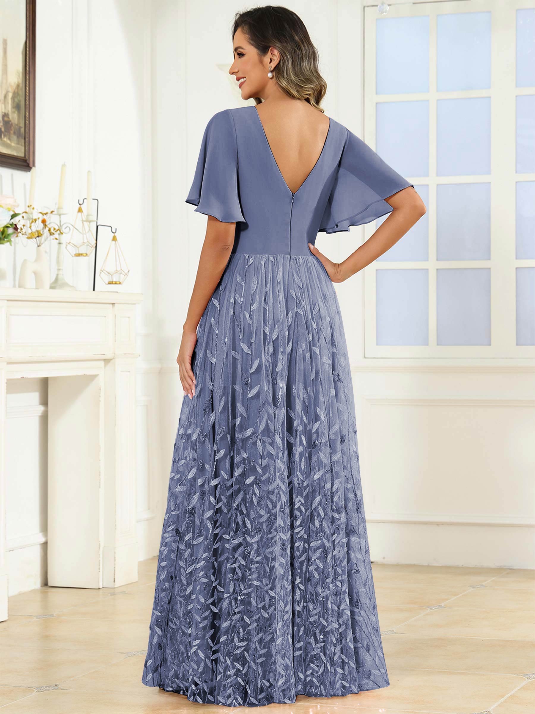 ROVDESY A-Line V-Neck Chiffon Sequin Mother Of The Bride Dress With Short Sleeves