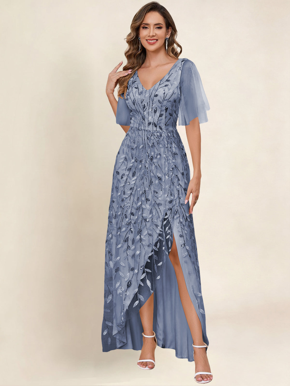 V Neck Sequin Tulle A Line Mother of the Bride Dress with Sleeves