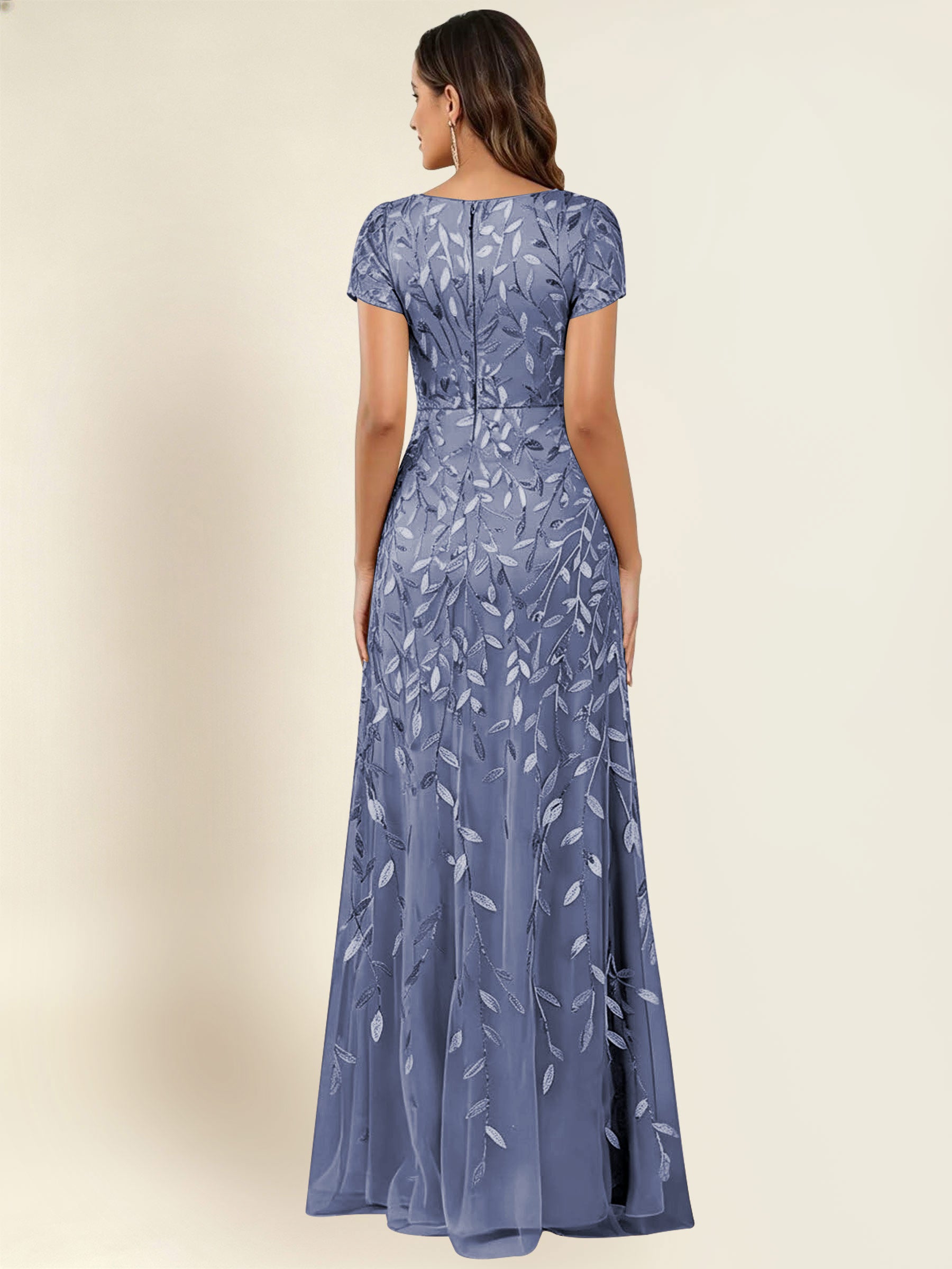 ROVDESY Sequin Mermaid Long Mother Of The Bride Dress With Short Sleeves Formal Gown