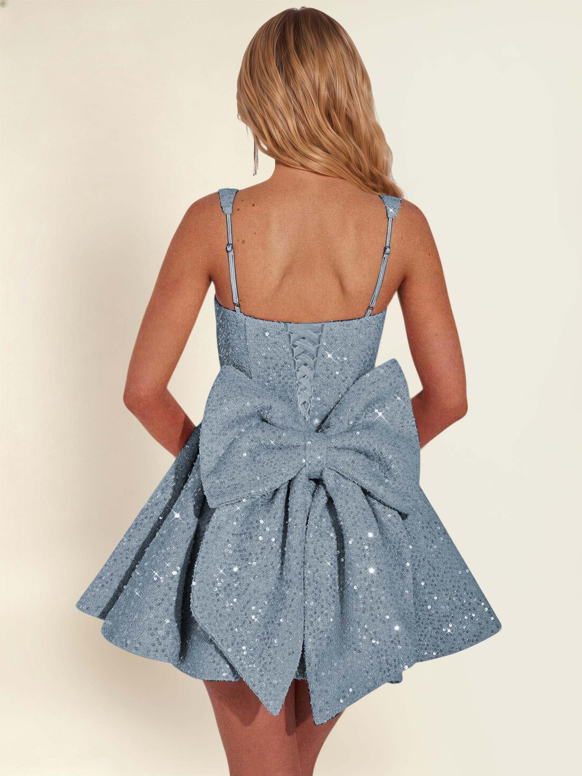 ROVDESY Sparkly Sequin A-Line Square Neck Homecoming Mini Dress With Big Bow