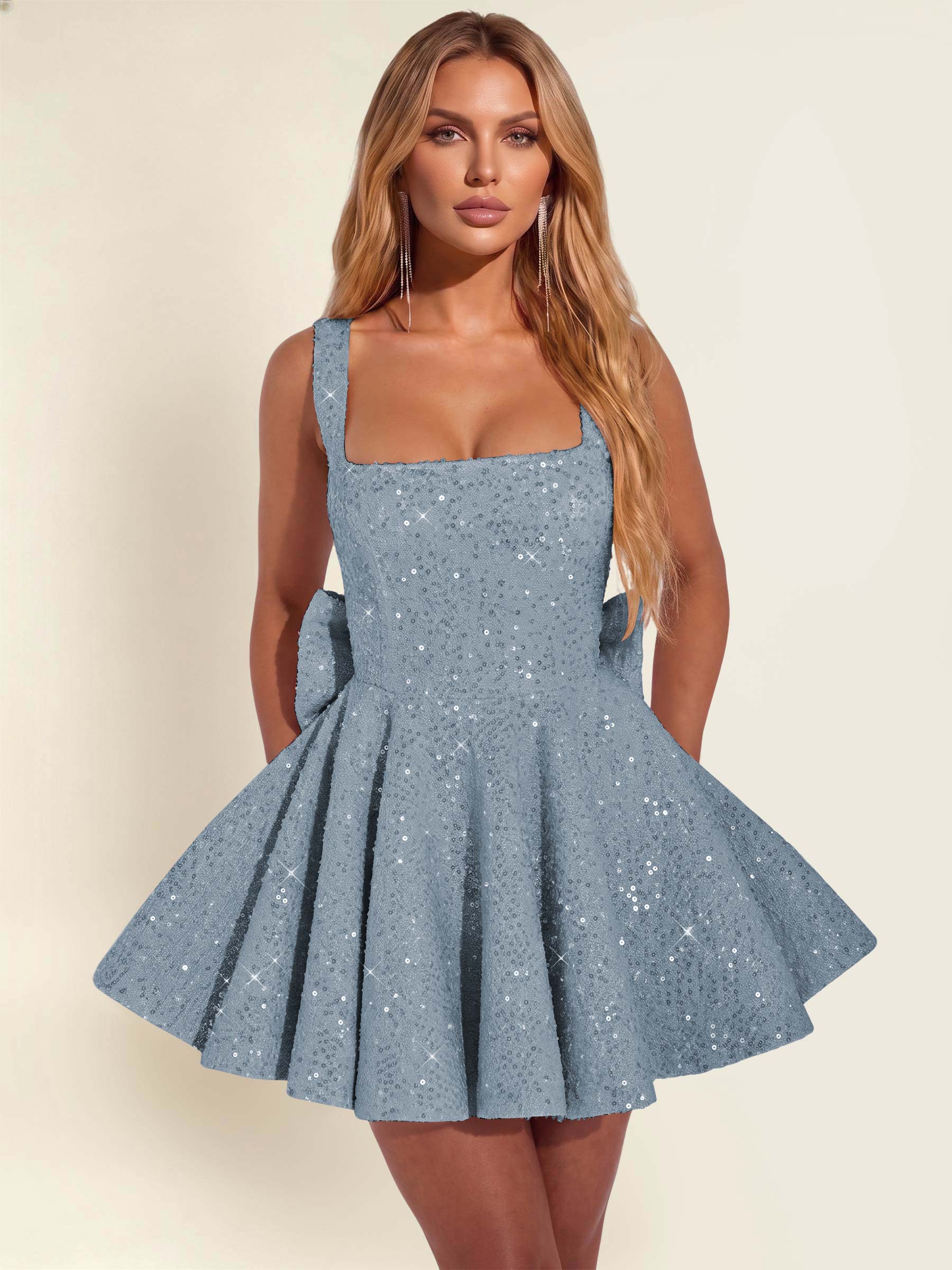 ROVDESY Sparkly Sequin A-Line Square Neck Homecoming Mini Dress With Big Bow