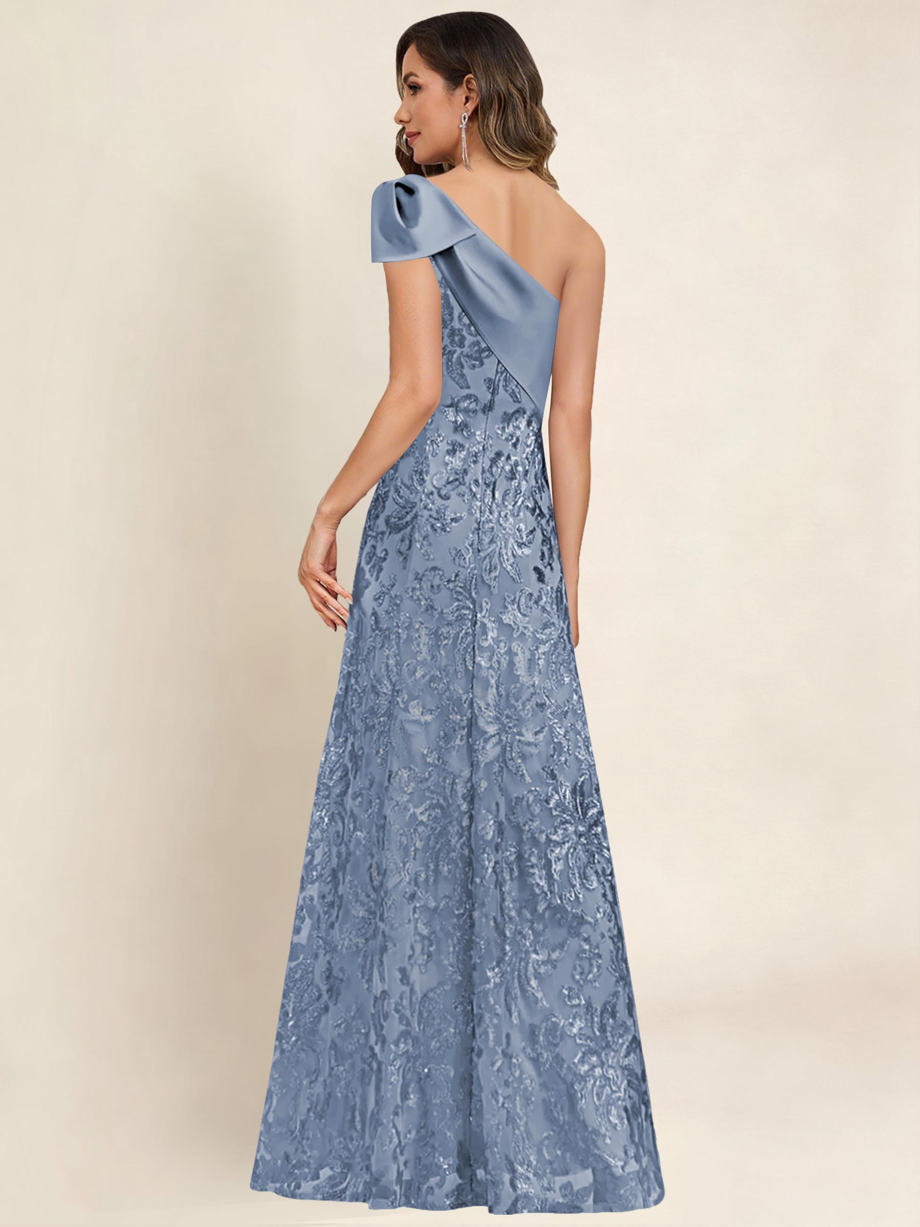 ROVDESY One Shoulder Sequin Mermaid Long Mother Of The Bride Dress Formal Gown With Bow
