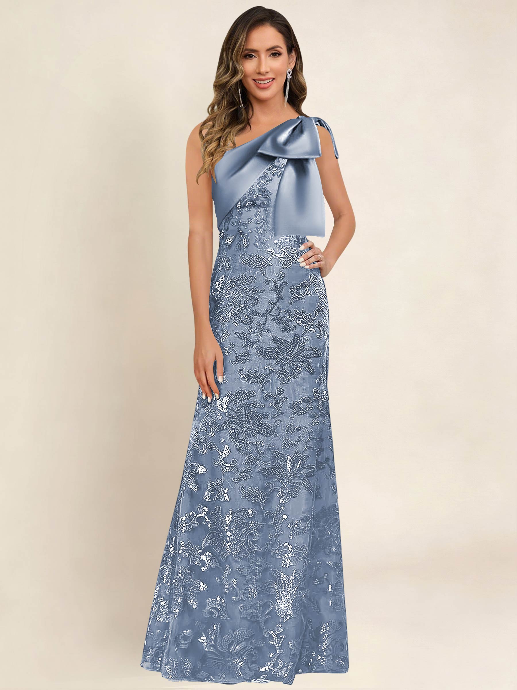 ROVDESY One Shoulder Sequin Mermaid Long Mother Of The Bride Dress Formal Gown With Bow