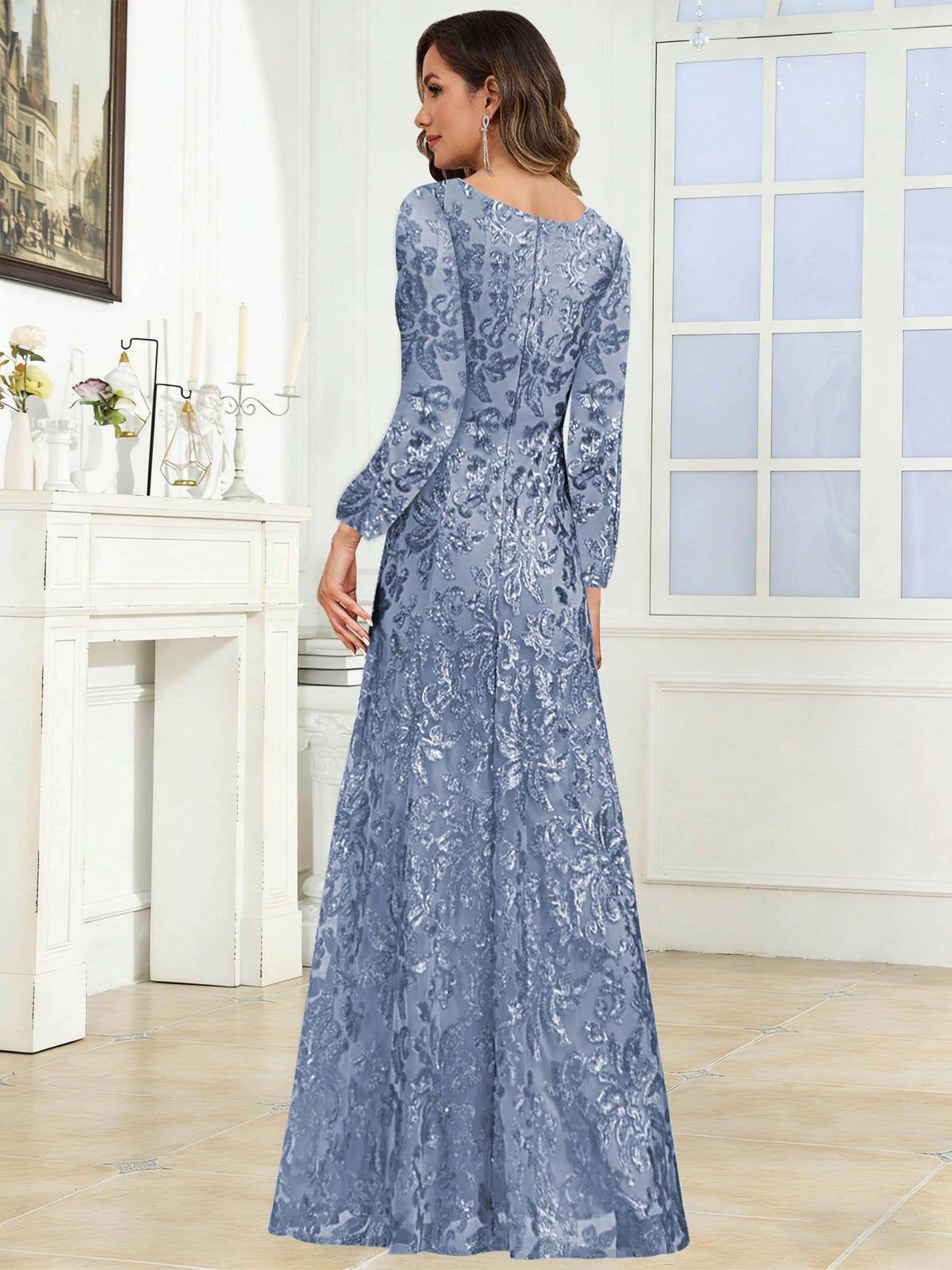 Crew Neck Sequin Lace Long Sleeve Mother of the Bride Dress