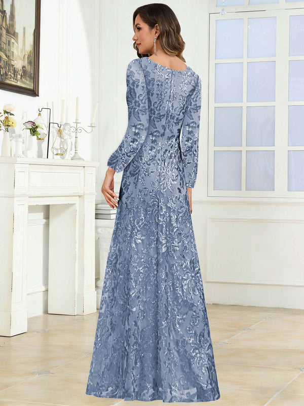 Crew Neck Sequin Lace Long Sleeve Mother of the Bride Dress