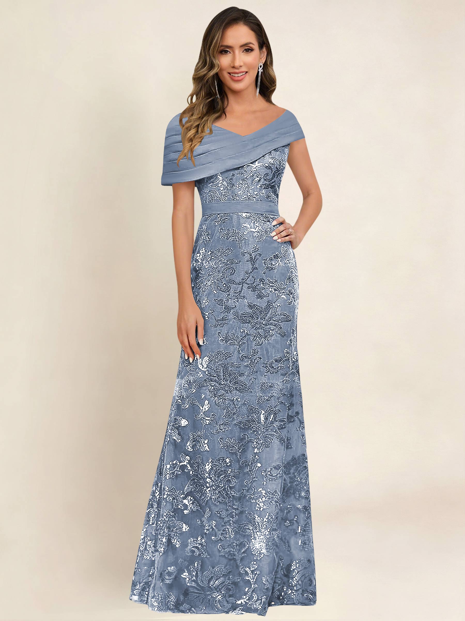 ROVDESY Off the Shoulder Sequin Mermaid Long Mother Of The Bride Dress Formal Gown