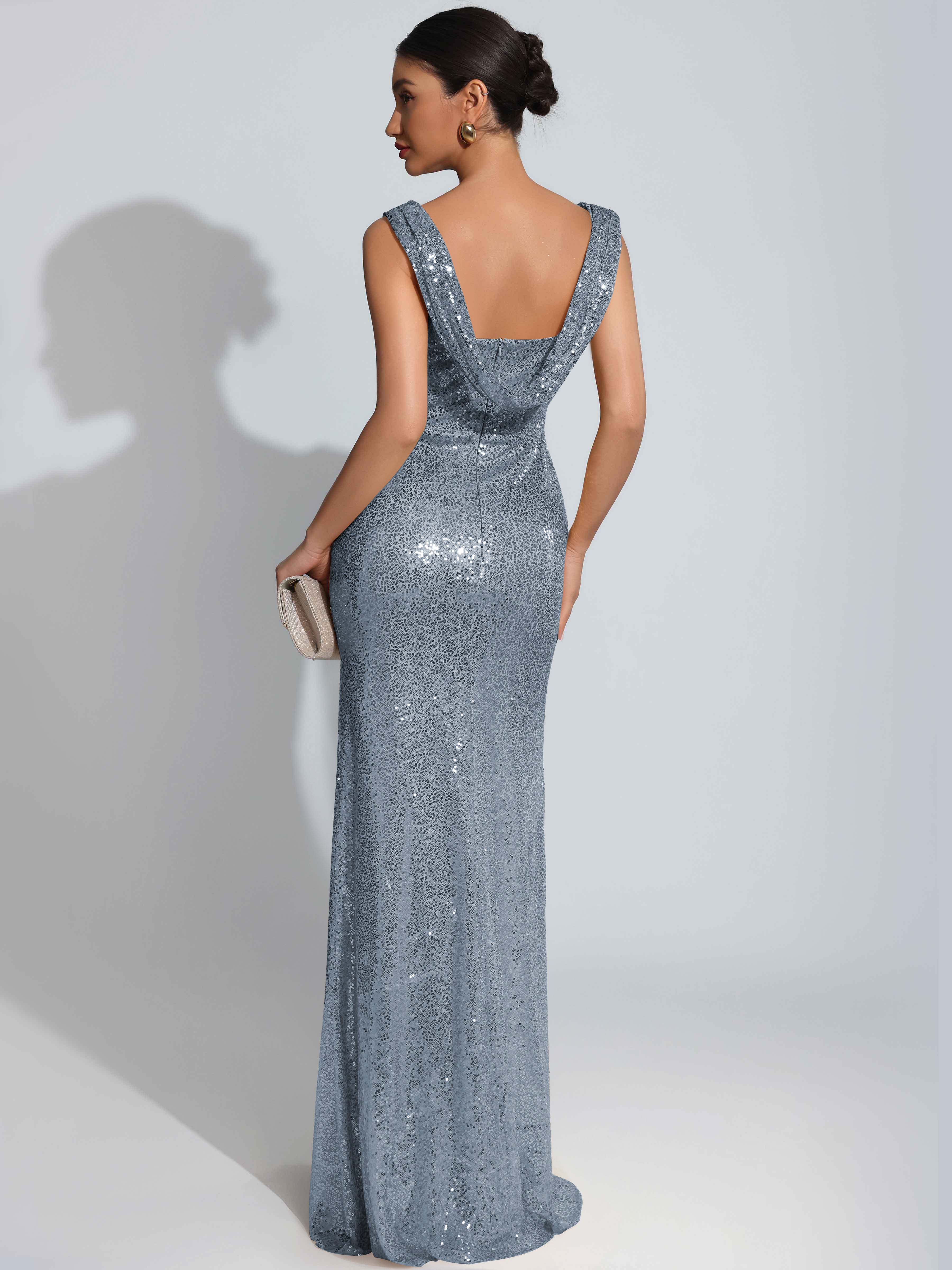 ROVDESY Sparkly Bateau Mermaid Ruched Sequin Long Prom Dress with Slit
