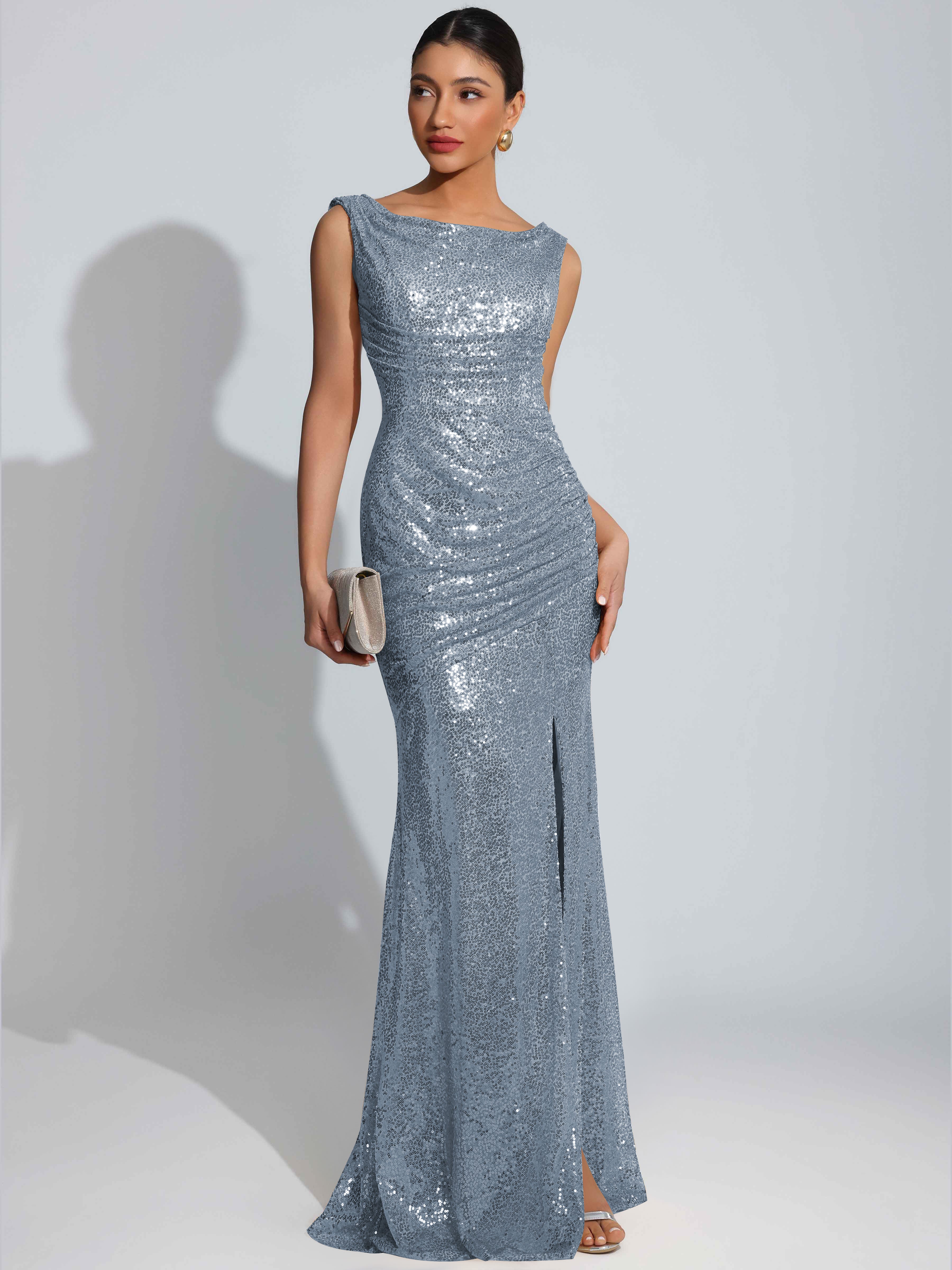ROVDESY Sparkly Bateau Mermaid Ruched Sequin Long Prom Dress with Slit
