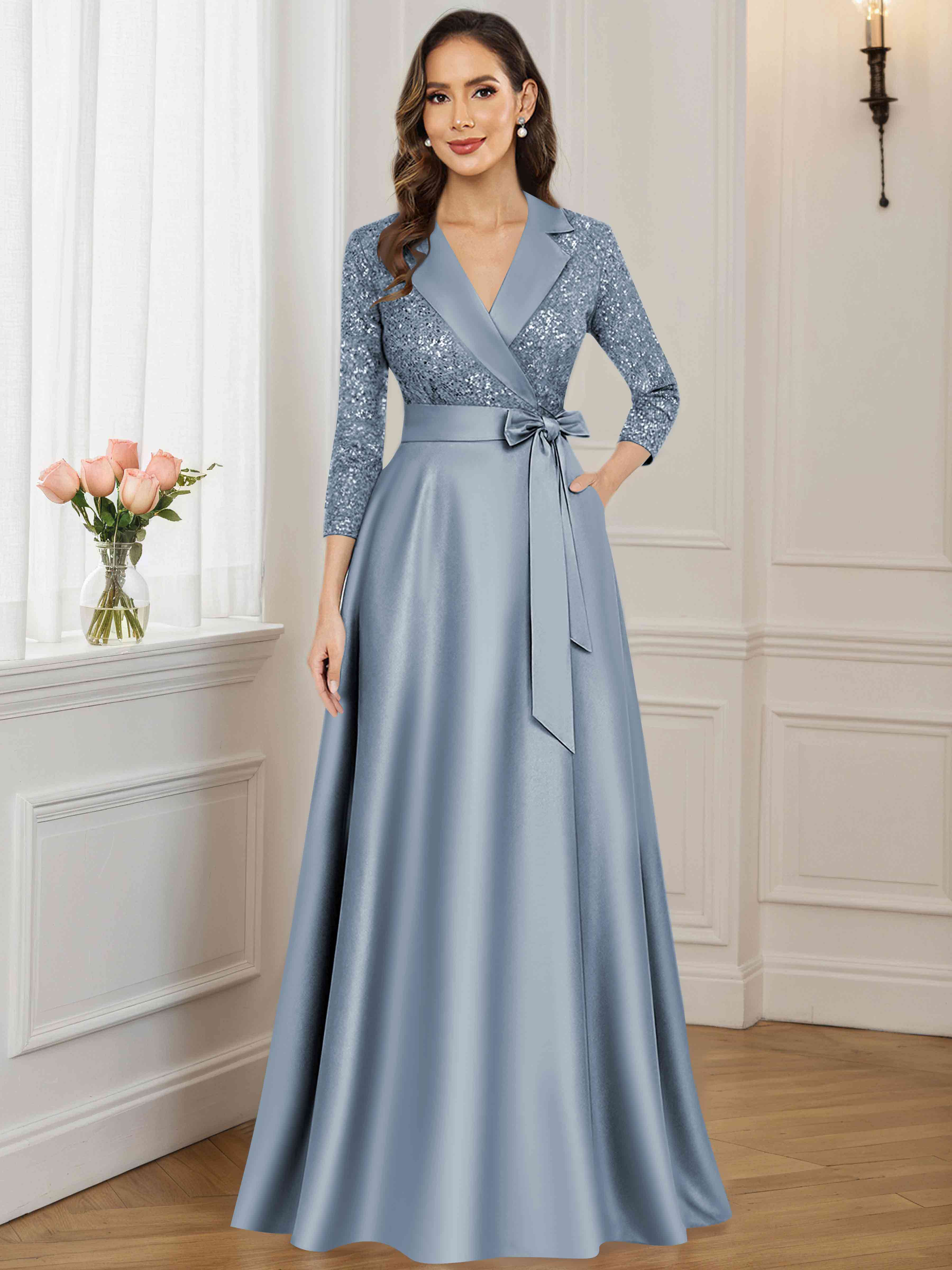 ROVDESY A-Line V Neck Sequin Satin  Long Mother of The Bride Dress Formal Gown With 3/4 Sleeves