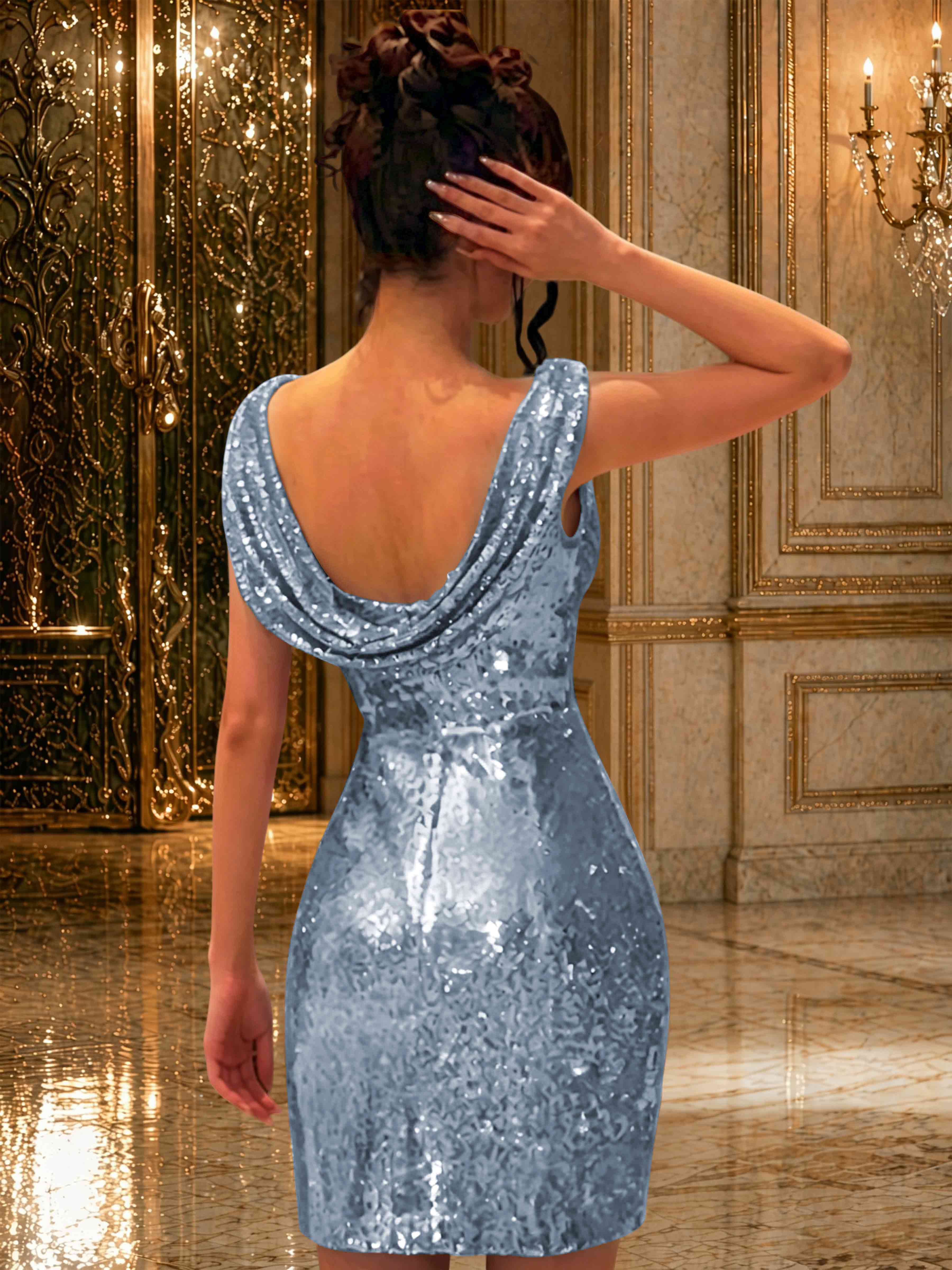 ROVDES Sparkly Off The Shoulder Ruched Sequin Tight Homecoming Mini Dress