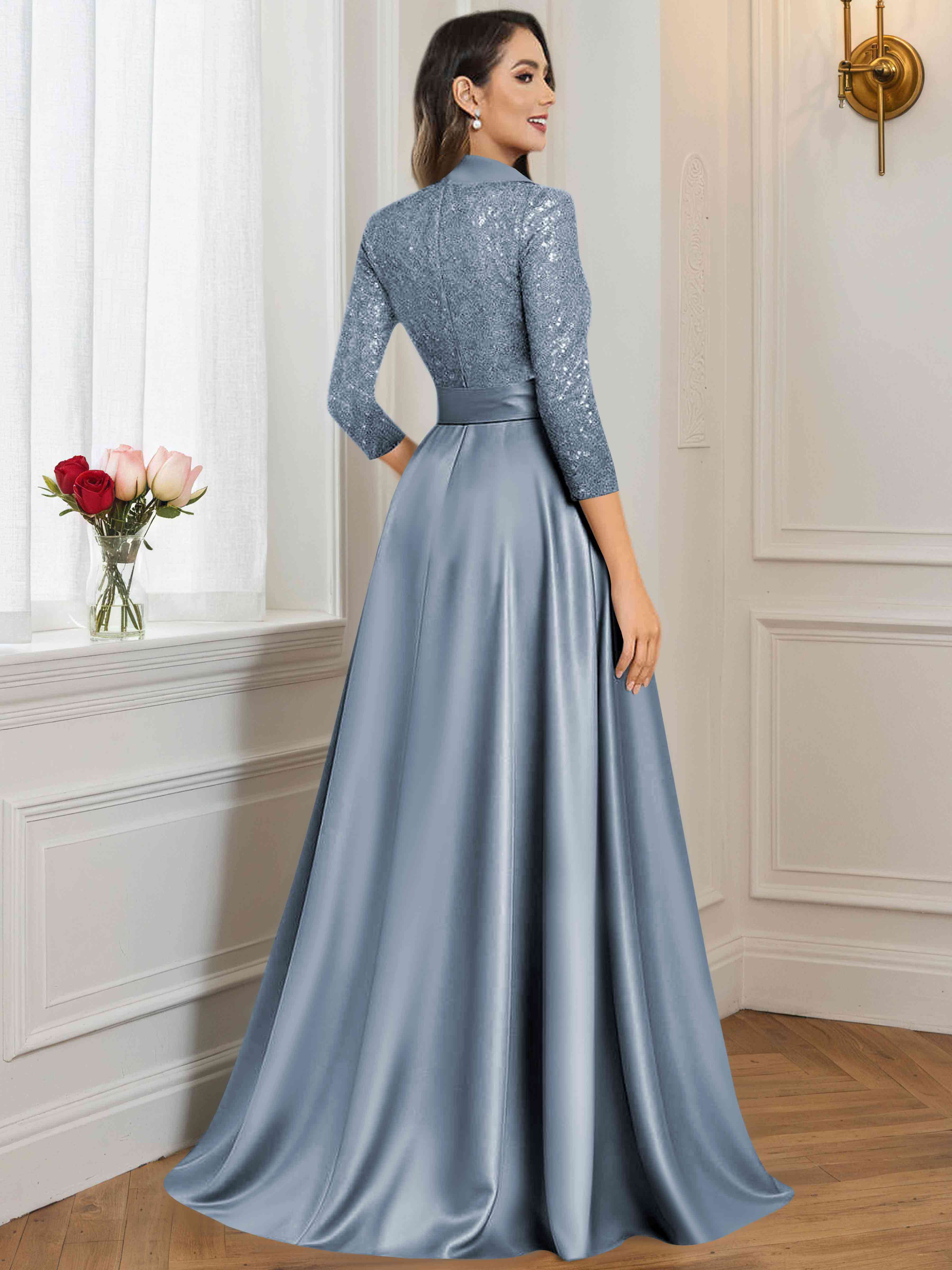 ROVDESY A-Line V Neck Sequin Satin  Long Mother of The Bride Dress Formal Gown With 3/4 Sleeves
