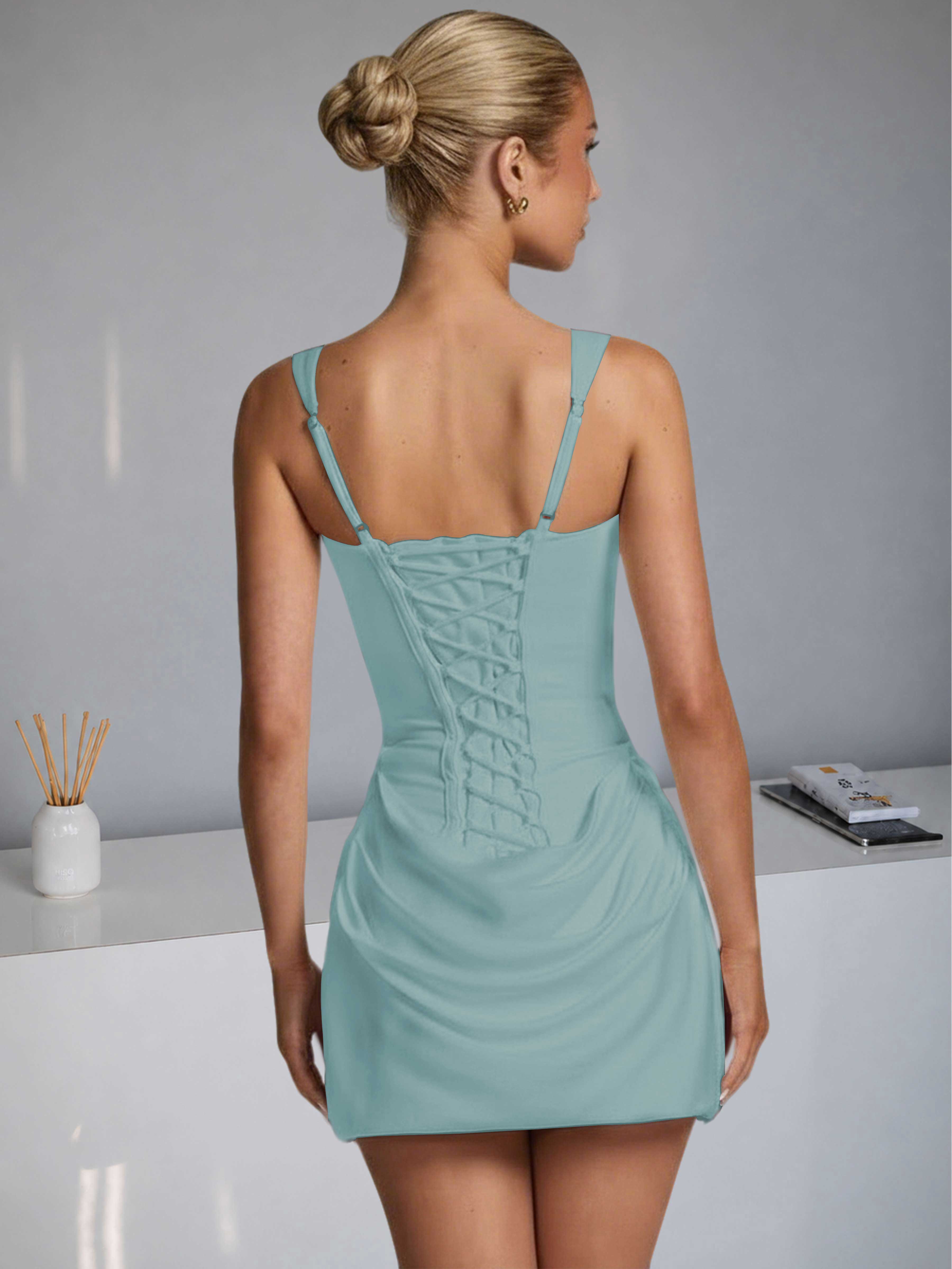 ROVDESY Square Neck Ruched Satin Homecoming Mini Dress