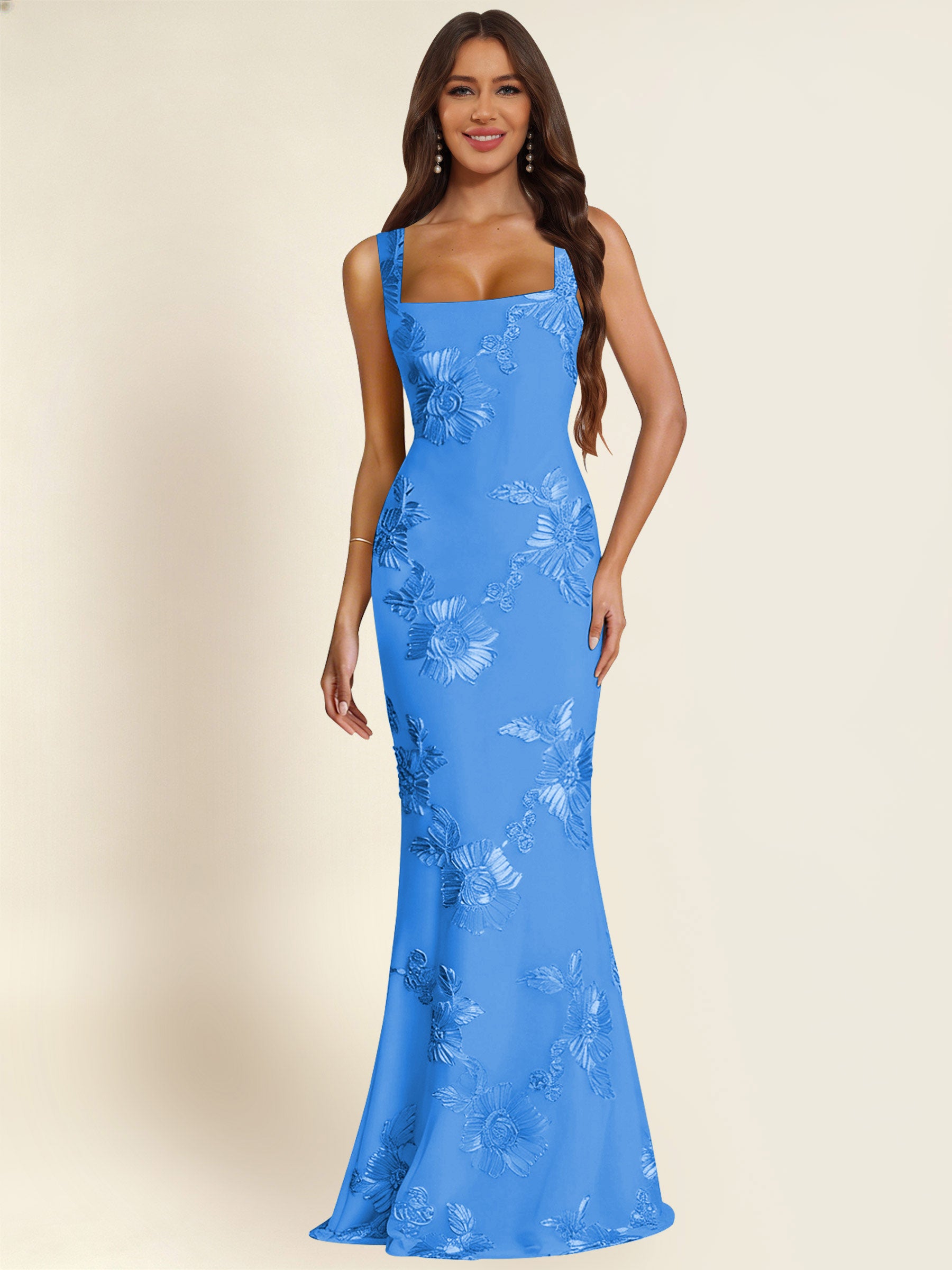 ROVDESY Square Neck Floral Applique Mermaid Long Prom/Bridesmaid Dress