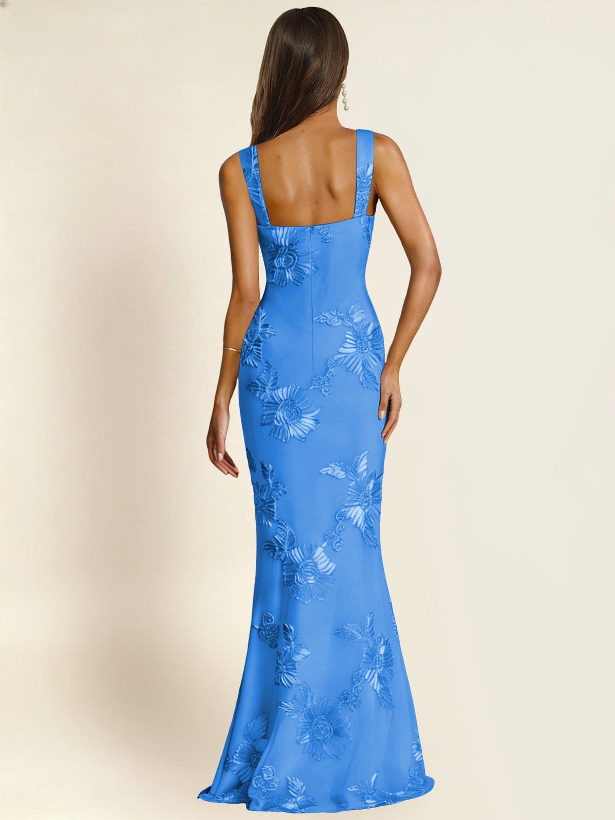 ROVDESY Square Neck Floral Applique Mermaid Long Prom/Bridesmaid Dress