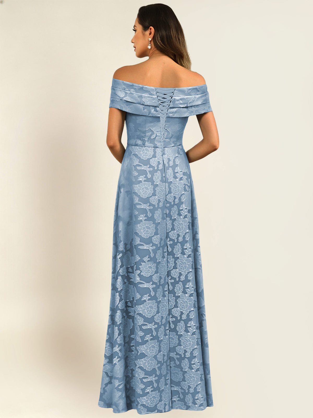 ROVDESY Off the Shoulder Floral Jacquard A-Line Long Mother of the Bride Dress