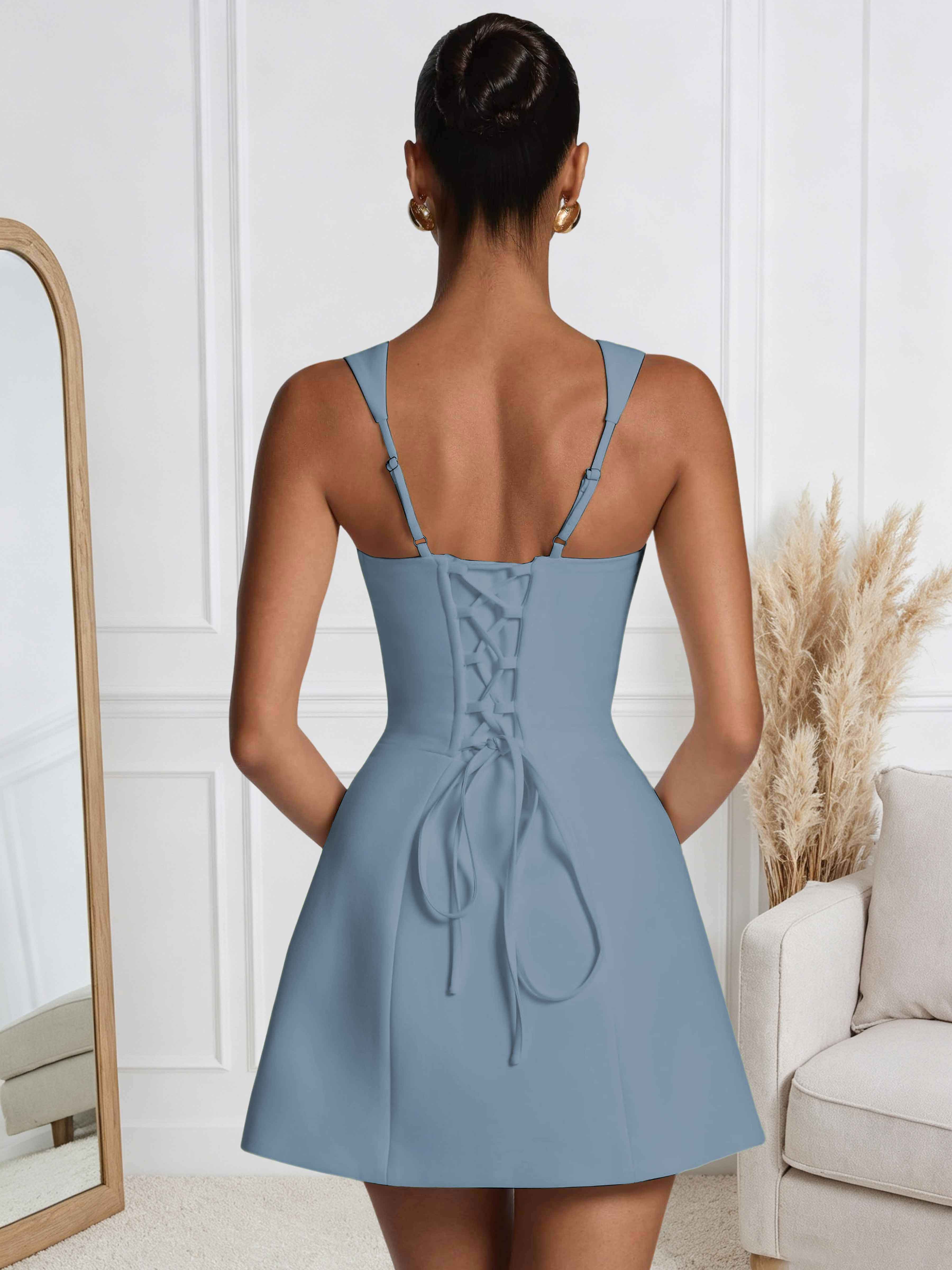 ROVDESY A-Line Square Neck Satin Homecoming Mini Dress