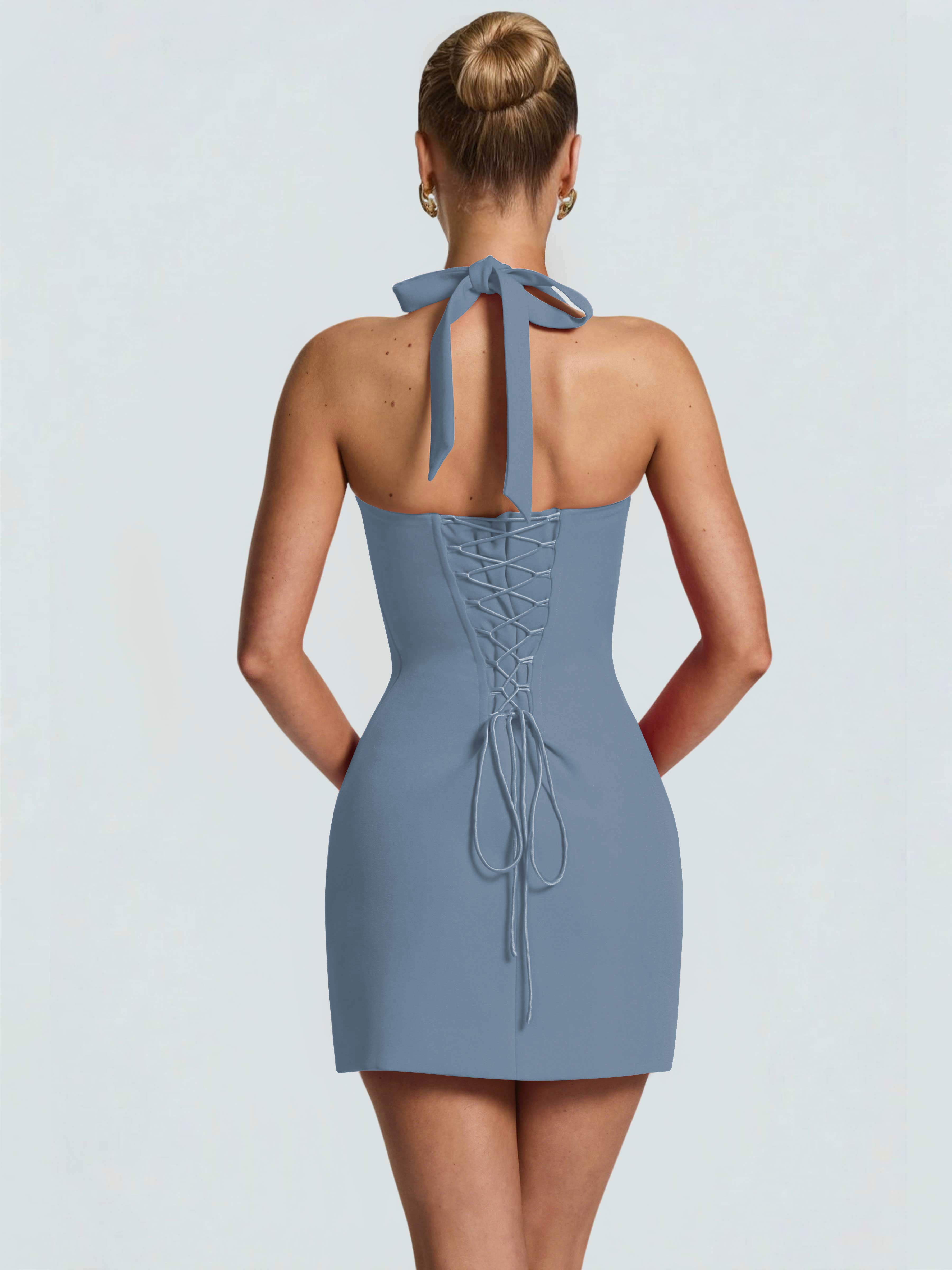 ROVDESY Halter Lace Satin Tight Homecoming Mini Dress