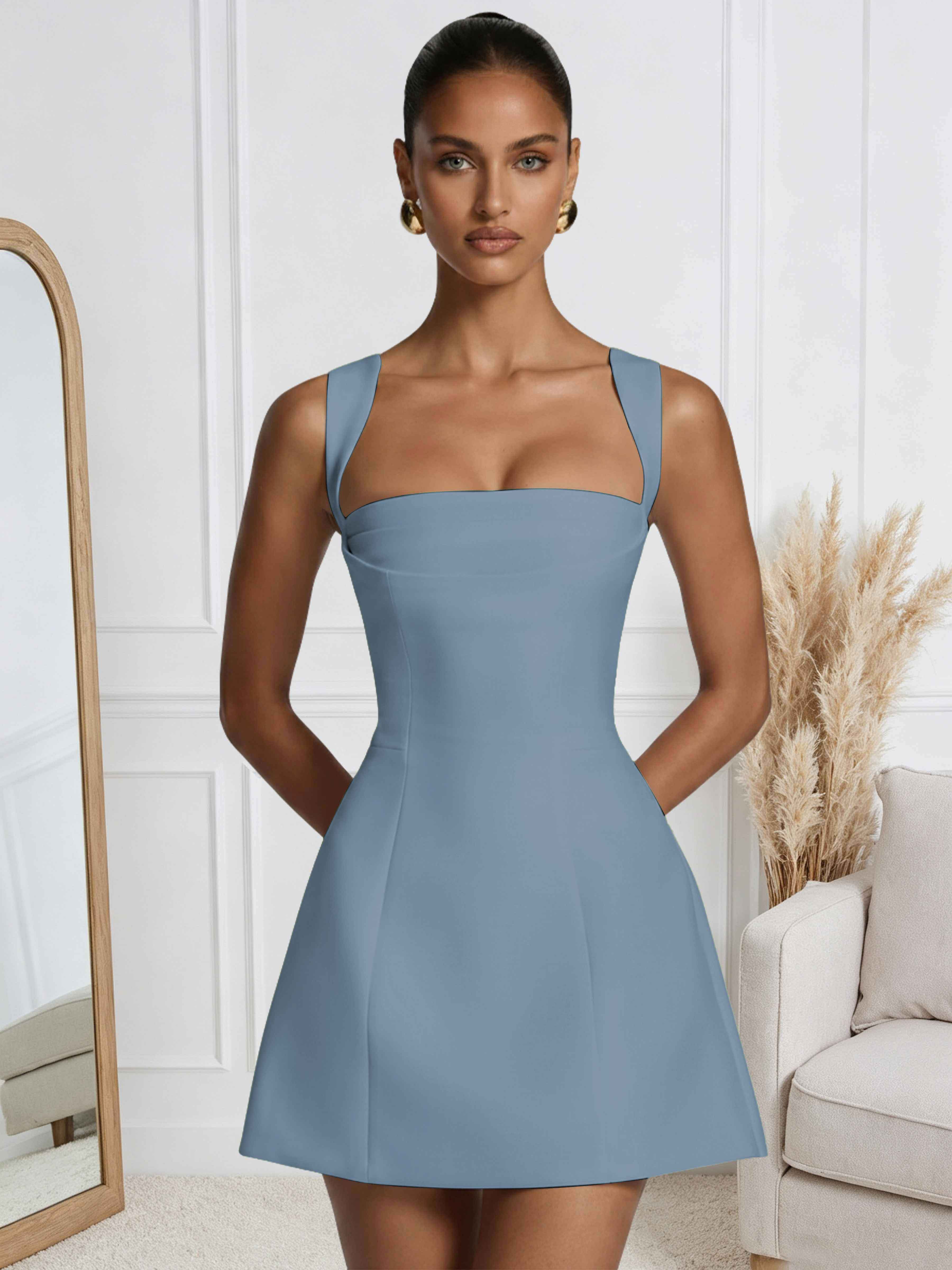 ROVDESY A-Line Square Neck Satin Homecoming Mini Dress