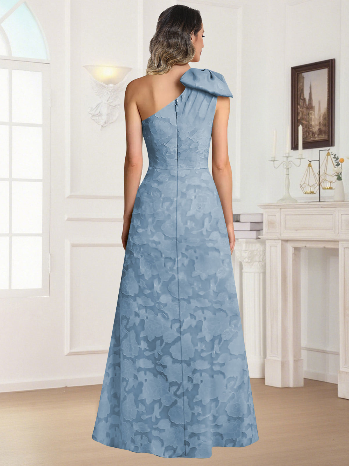 One Shoulder Floral Jacquard Mother of the Bride Dress