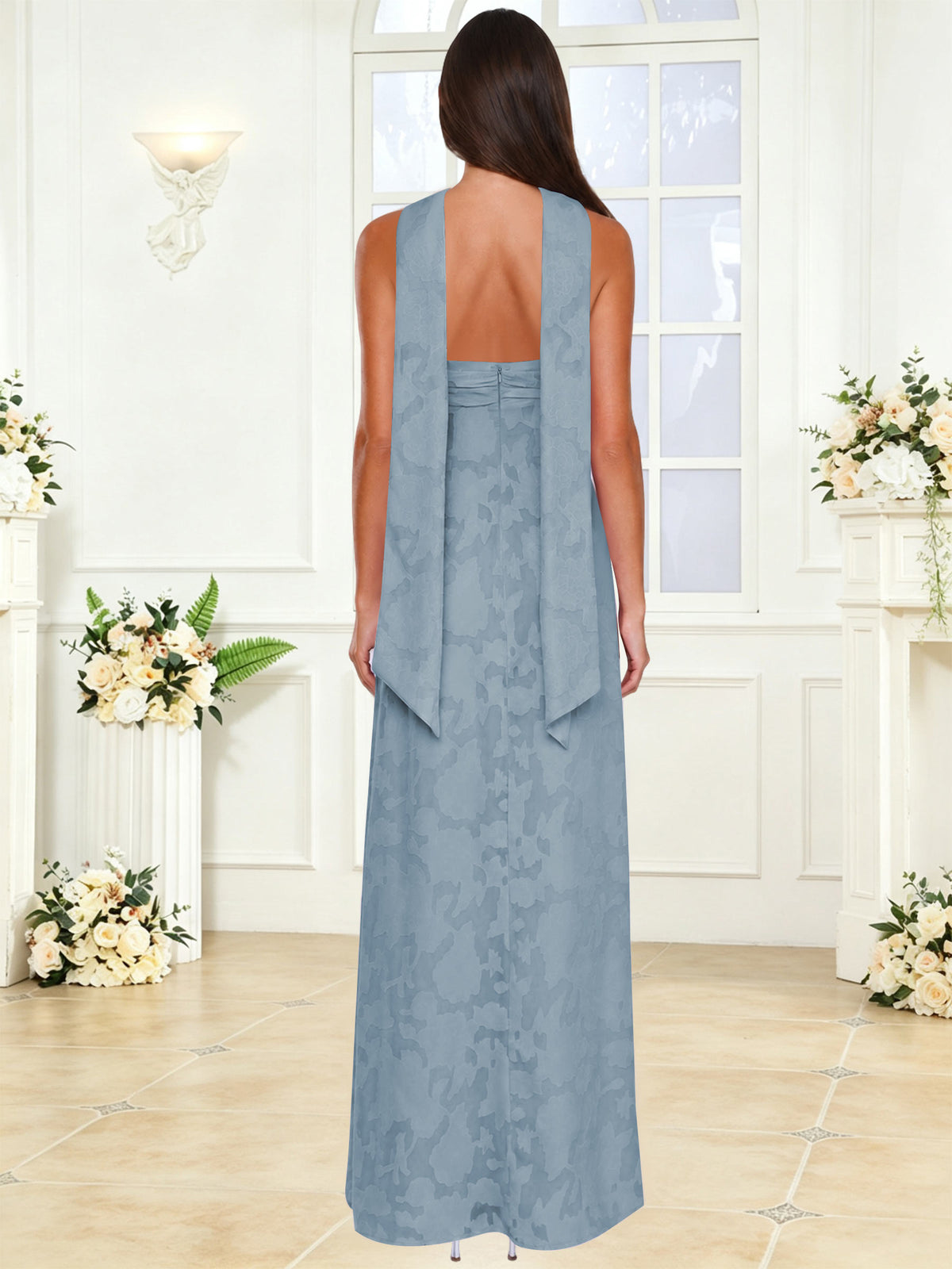 Spaghetti Strap Ruched Floral Jacquard A Line Bridesmaid Dress with Scarf