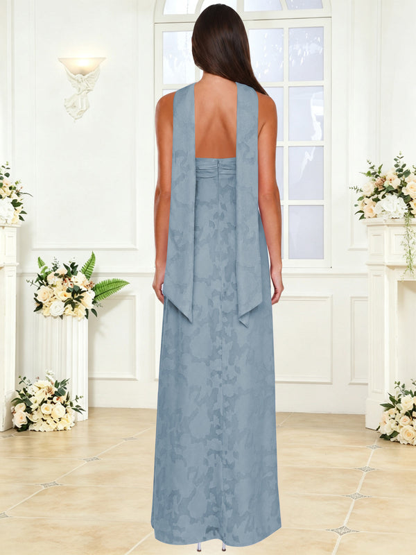 Spaghetti Strap Ruched Floral Jacquard A Line Bridesmaid Dress with Scarf