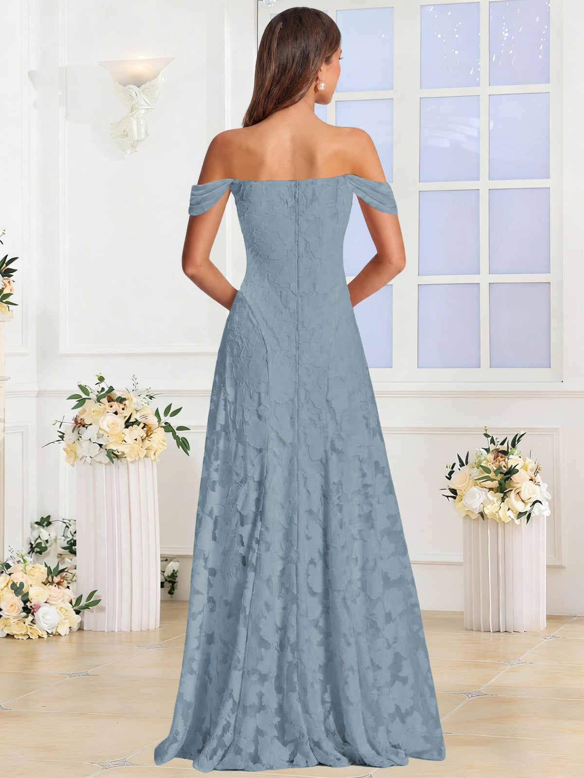 Off the Shoulder Floral Ruched A-line Bridesmaid Dress