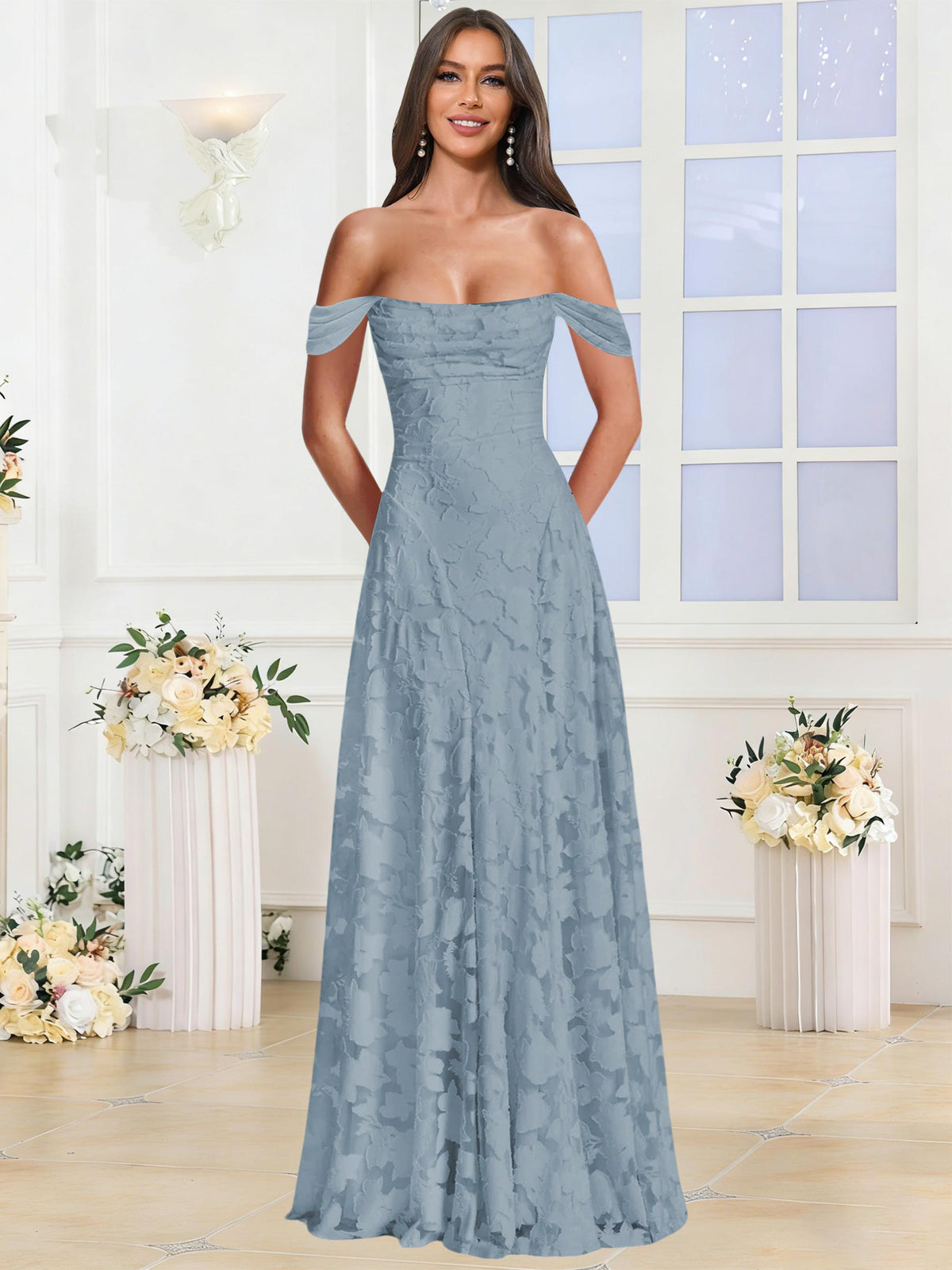 Off the Shoulder Floral Ruched A-line Bridesmaid Dress
