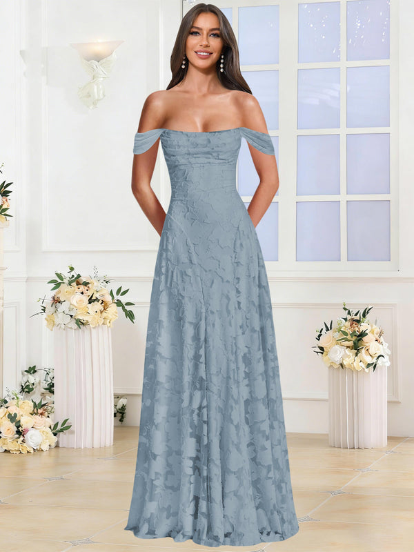 Dusty Blue Off the Shoulder Floral Ruched A-line Bridesmaid Dress