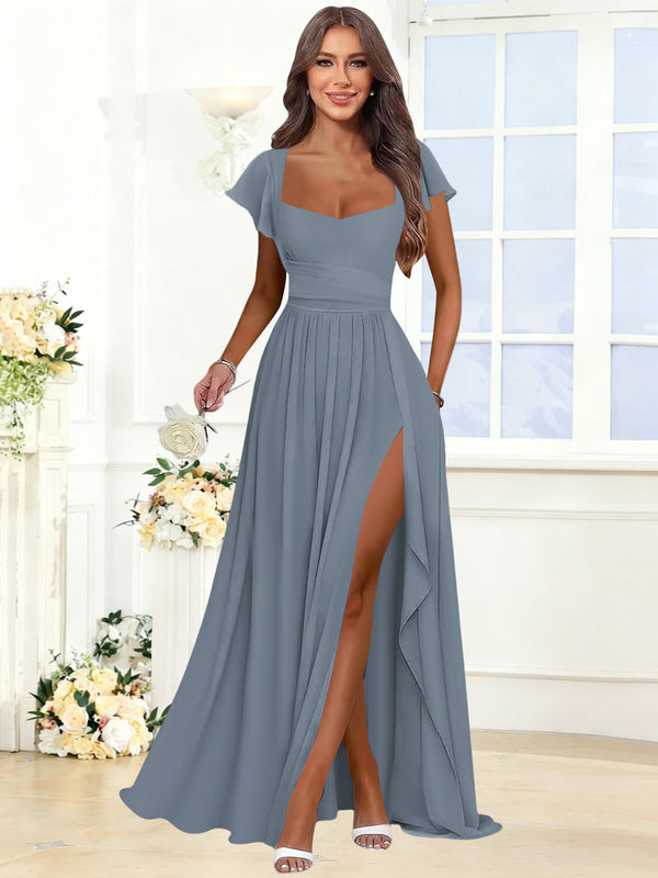Dusty Blue A-Line Square Neck Chiffon Long Bridesmaid Dress with Slit