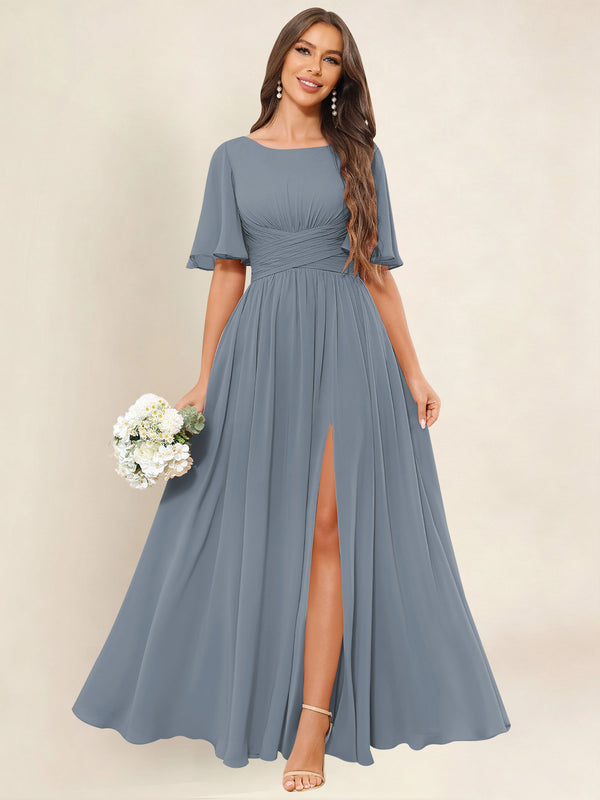Dusty Blue A Line Chiffon Bridesmaid Dress with Slit