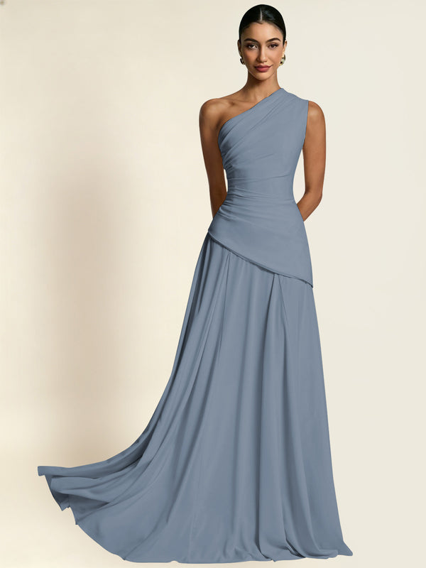 Dusty Blue One Shoulder Chiffon Bridesmaid Dress
