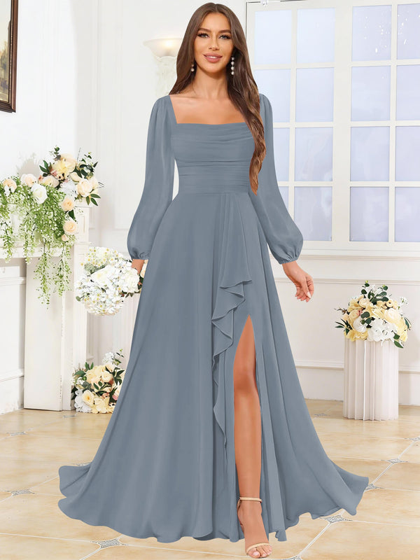 Dusty Blue Square Neck Ruffle Slit Chiffon Long Bridesmaid Dress with Long Sleeves