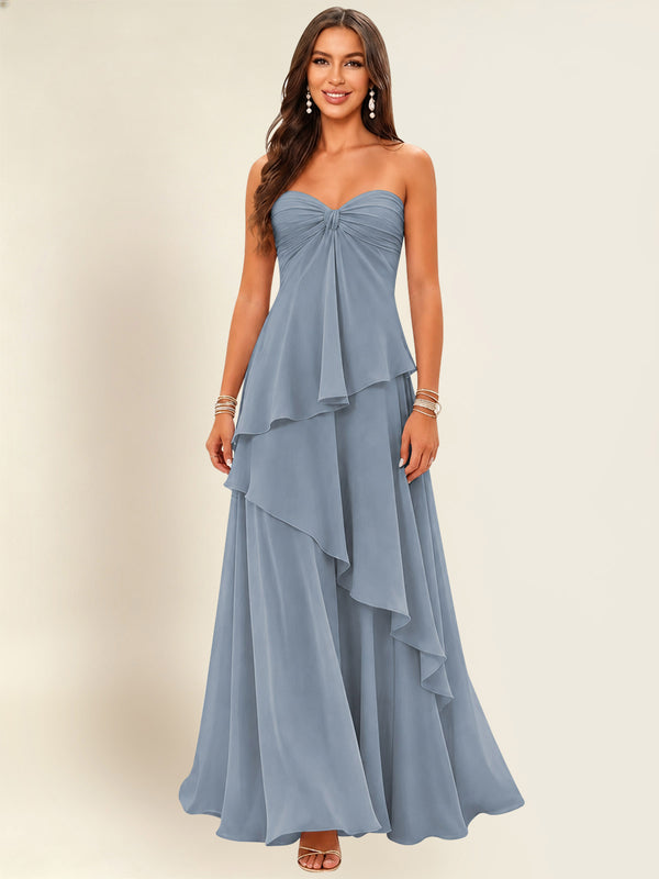 Dusty Blue Strapless Tiered Ruffle Chiffon Bridesmaid Dress