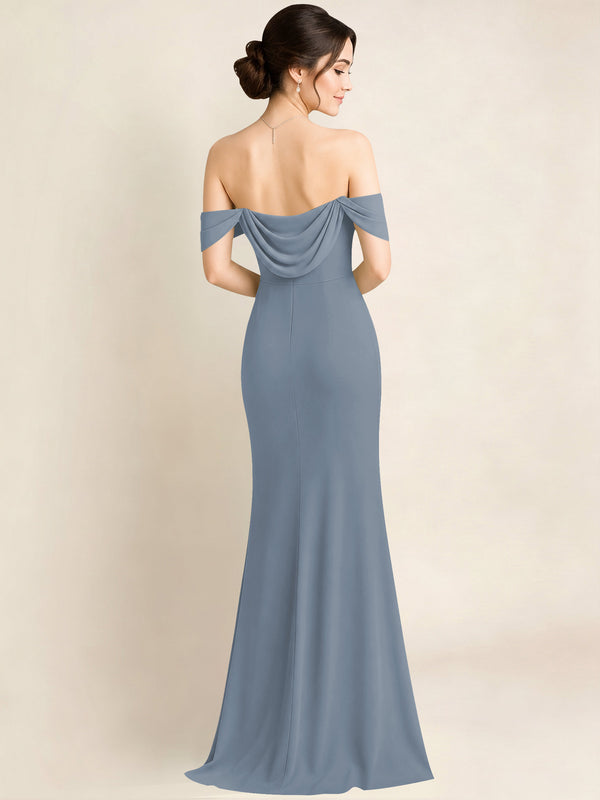 Dusty Blue Off the Shoulder Bridesmaid Dress with Slit