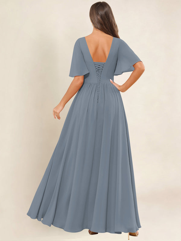 Dusty Blue A Line Chiffon Bridesmaid Dress with Slit