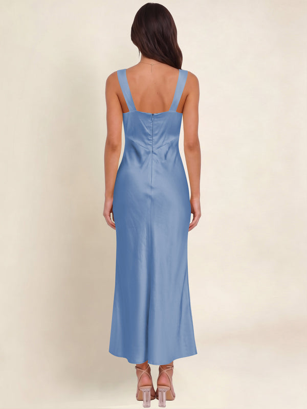 Dusty Blue Elegant Deep V-Neck Satin Midi Bridesmaid Dress