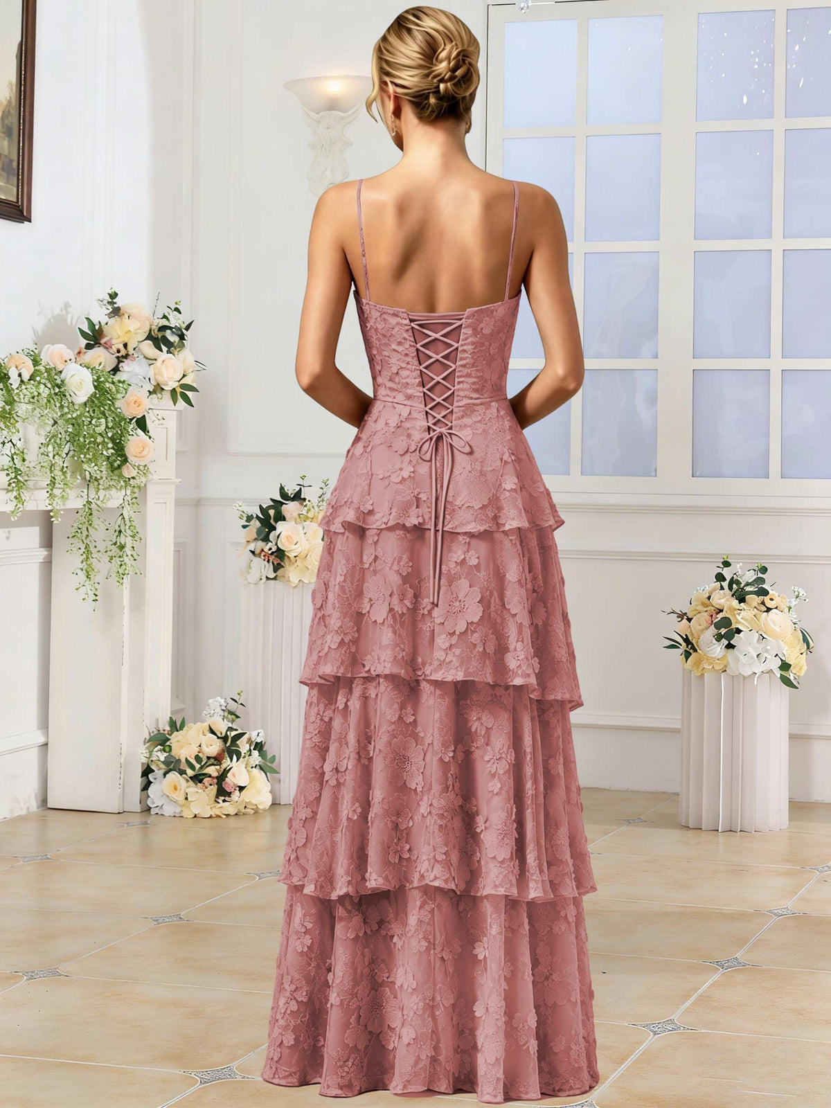 Spaghetti Strap 3D Floral Tiered Tulle Formal Prom Dress