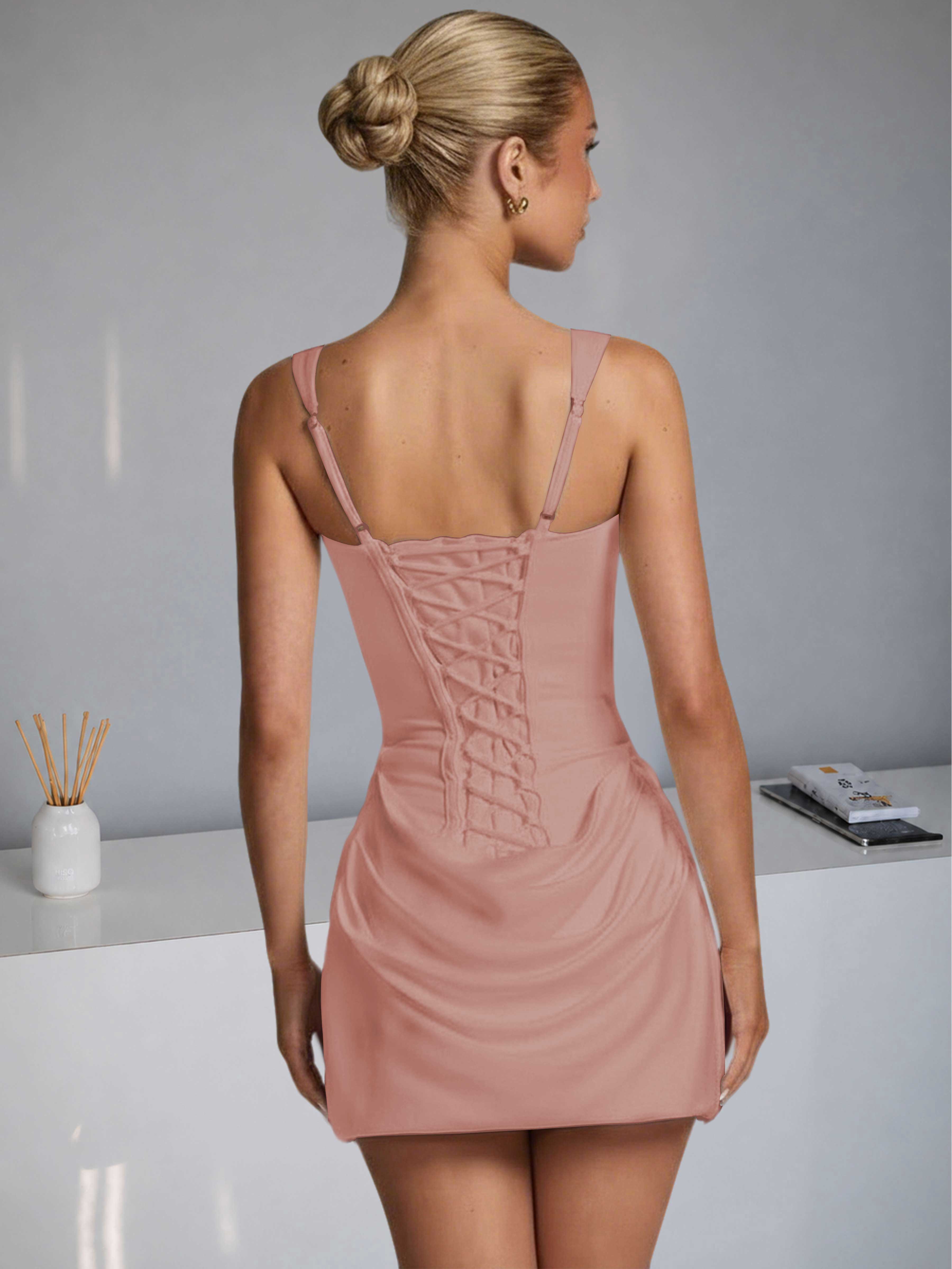 ROVDESY Square Neck Ruched Satin Homecoming Mini Dress