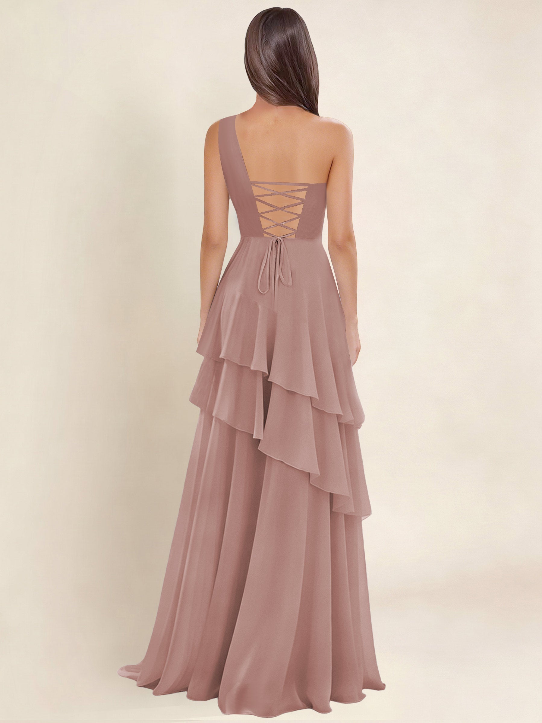 ROVDESY A-Line One Shoulder Pleated Tiered Chiffon Bridesmaid Dress
