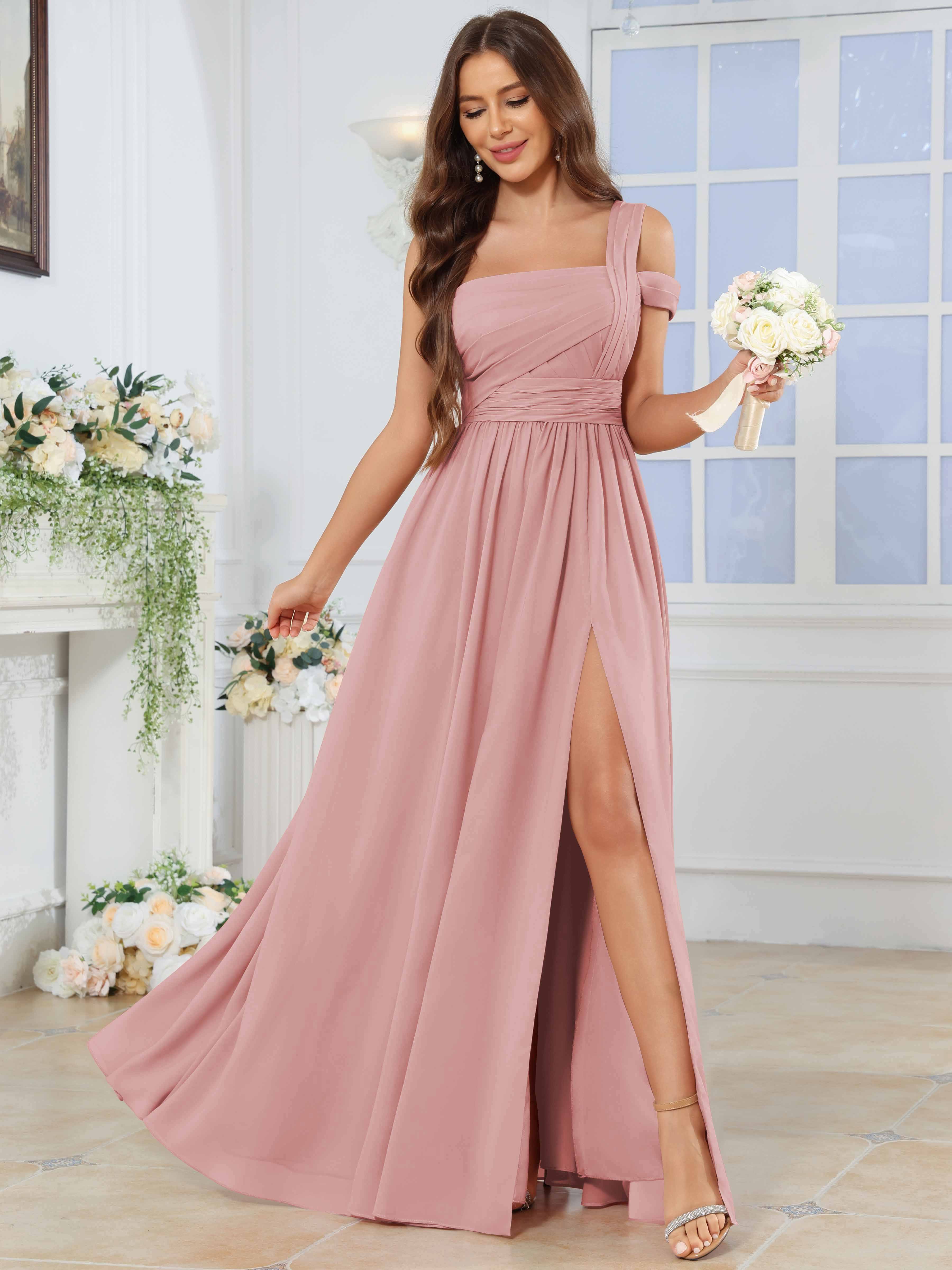 ROVDESY One Shoulder Pleated Chiffon Bridesmaid Dress With Slit