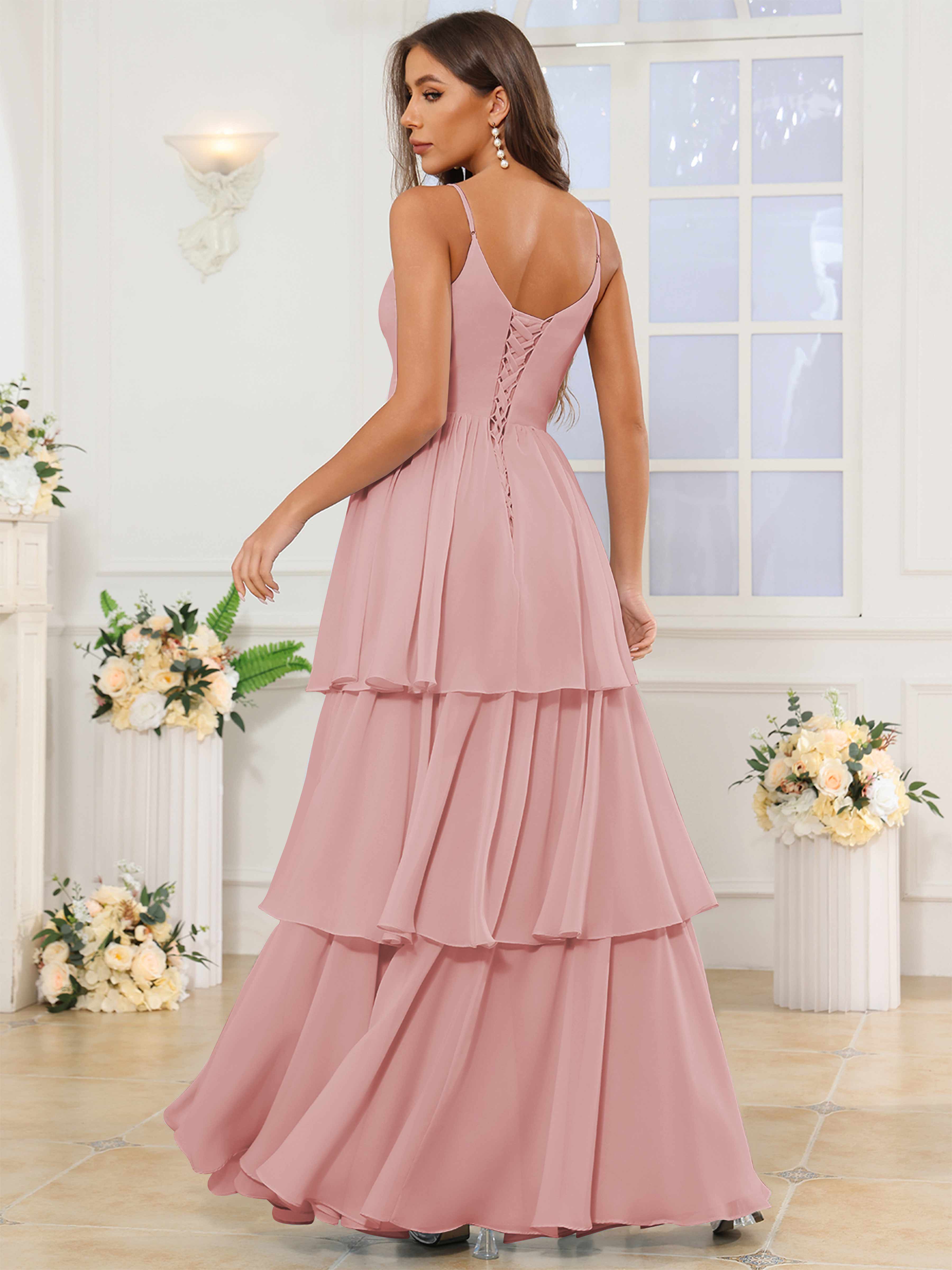 ROVDESY V-Neck Spaghetti Straps Tiered Chiffon Bridesmaid Dress With Ruffles
