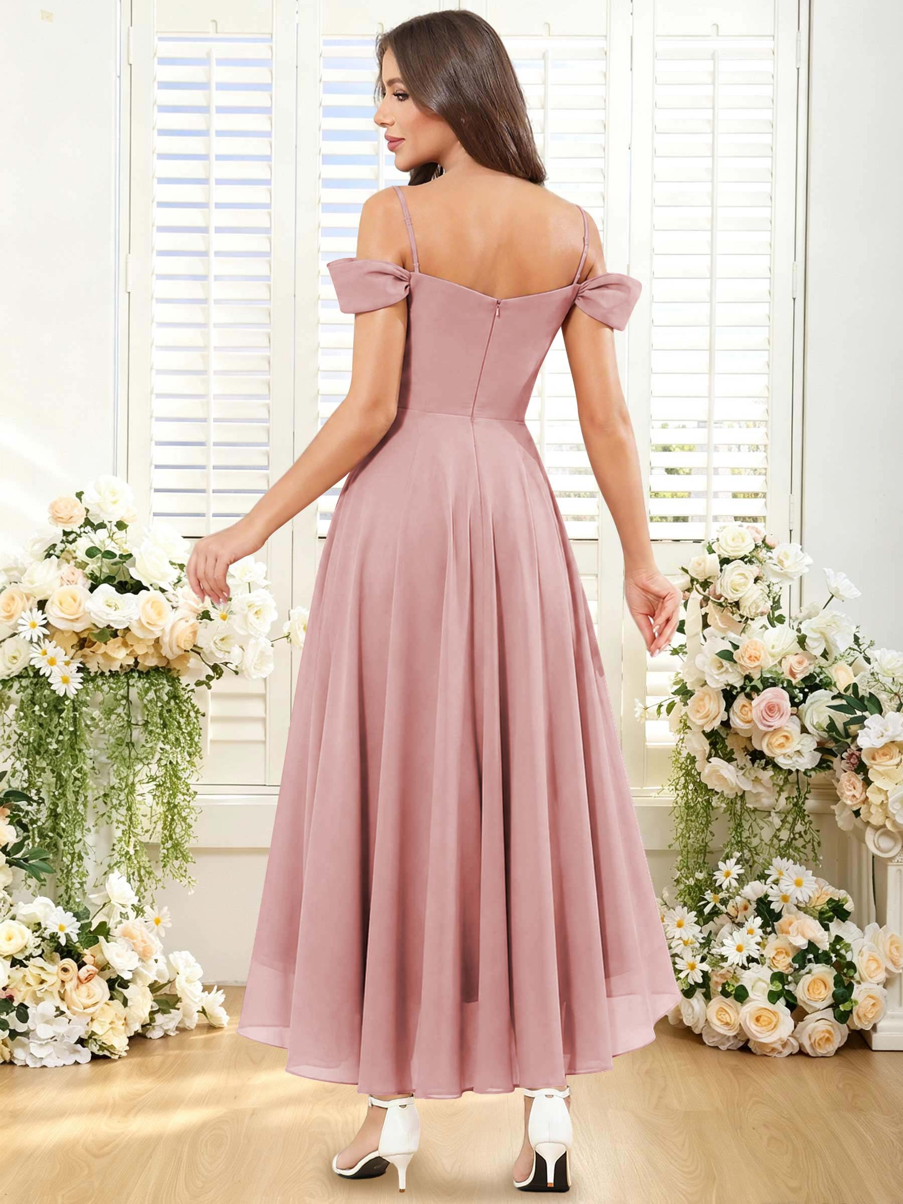 ROVDESY ROVDESY Short Cold Shoulder Sweetheart High Low Pleated Chiffon Bridesmaid Dress