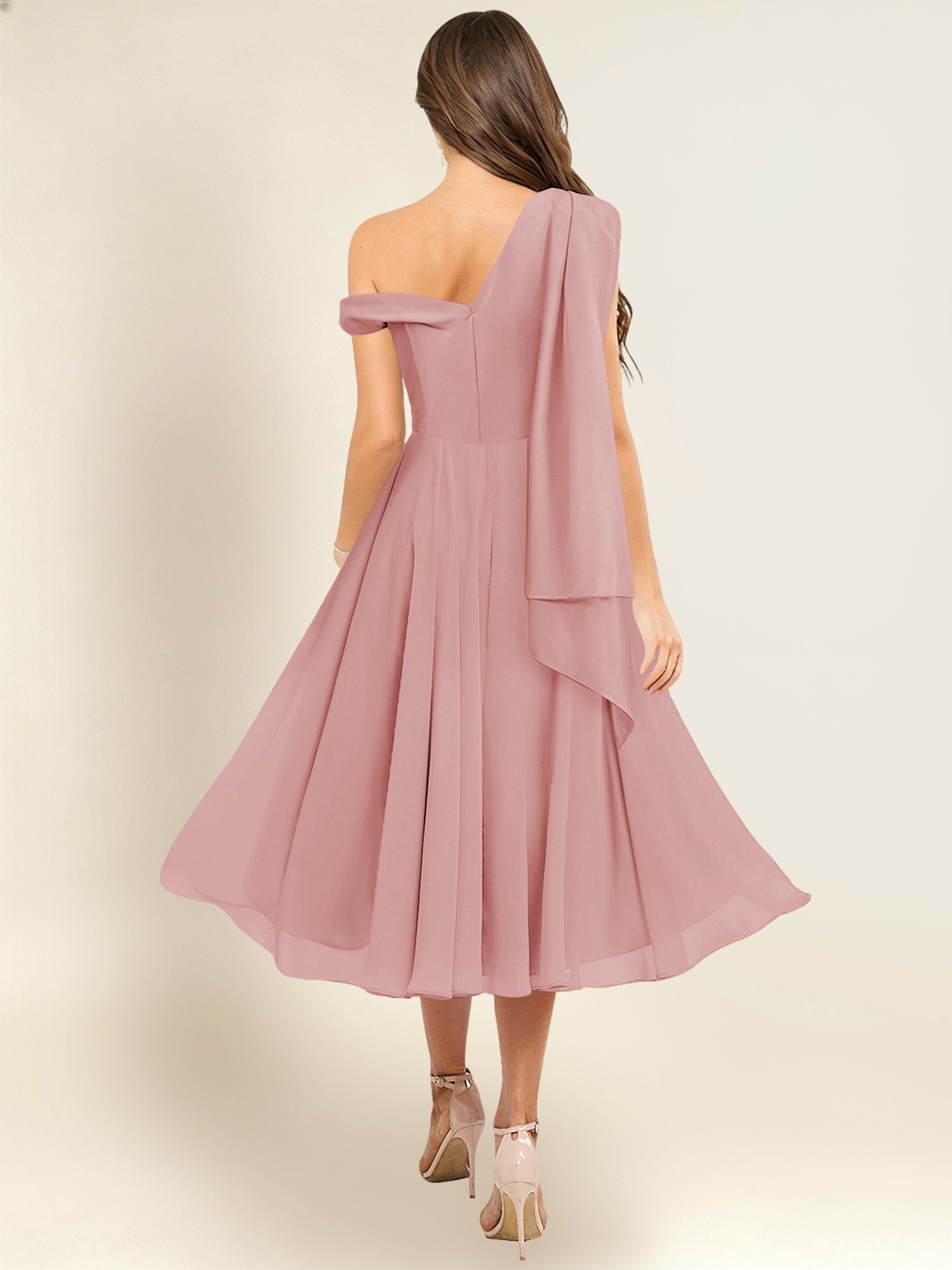 ROVDESY A-Line One Shoulder Pleated Chiffon Bridesmaid Dress With Flowing Sash
