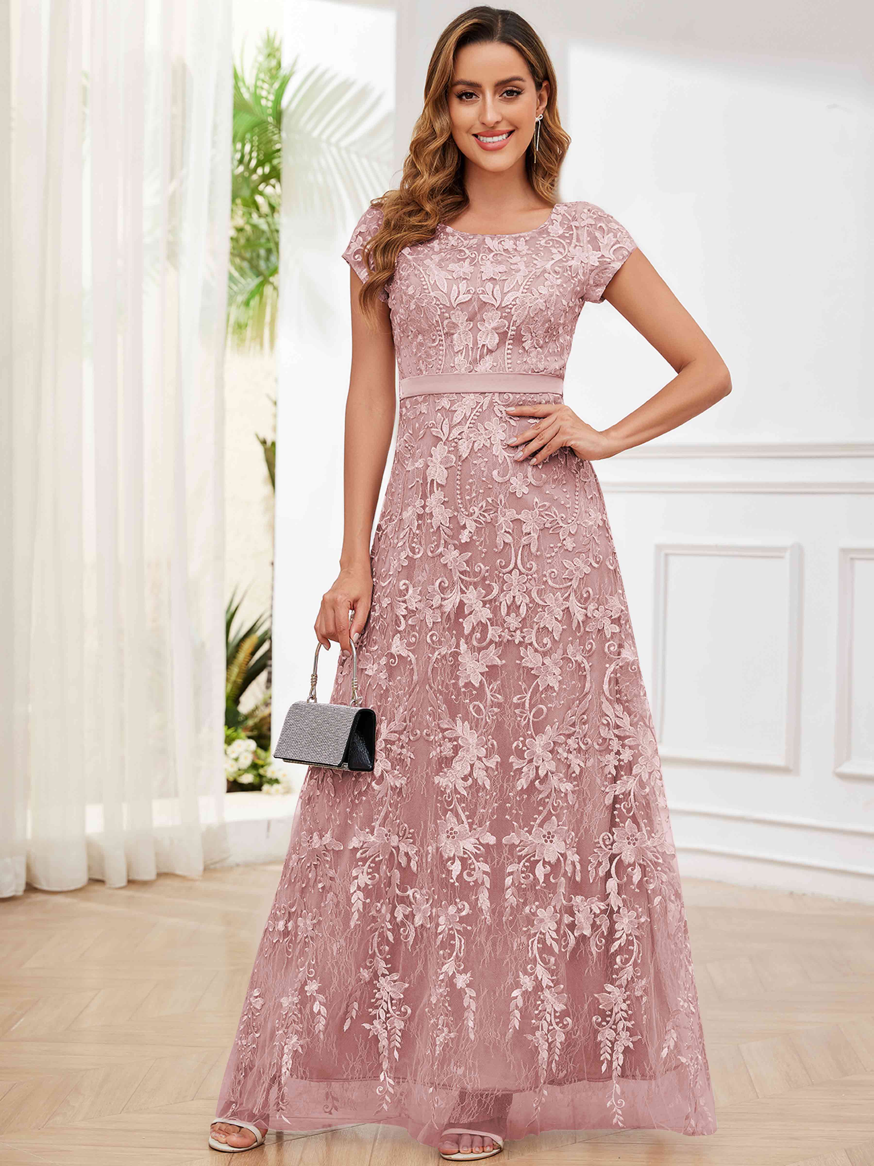 ROVDESY Elegant Lace Mother Of The Bride Dress With Short Sleeves Formal Gown