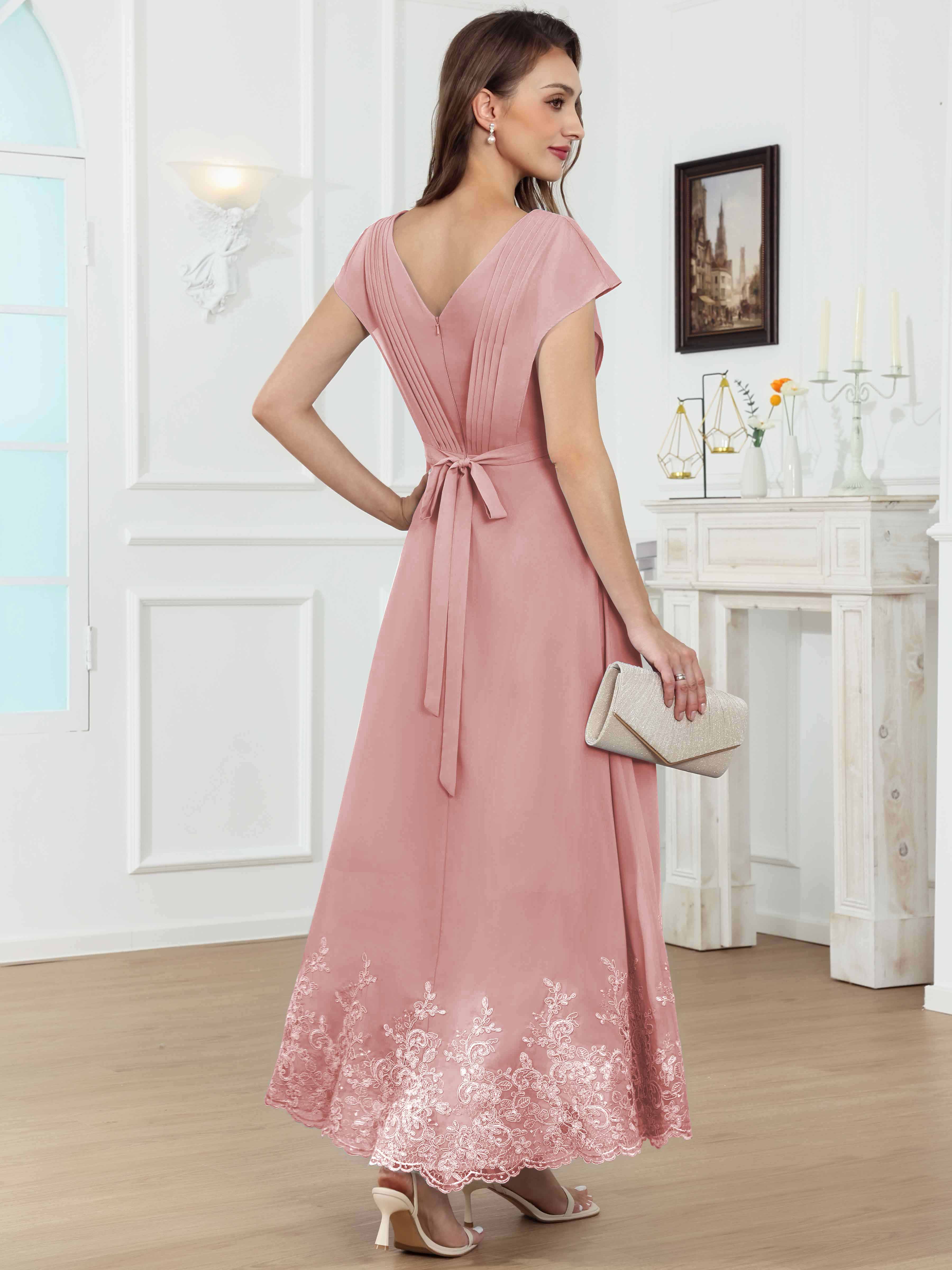ROVDESY Tea Length High-Low V-Neck Ruched Lace Chiffon Mother of The Bride Dress for Women